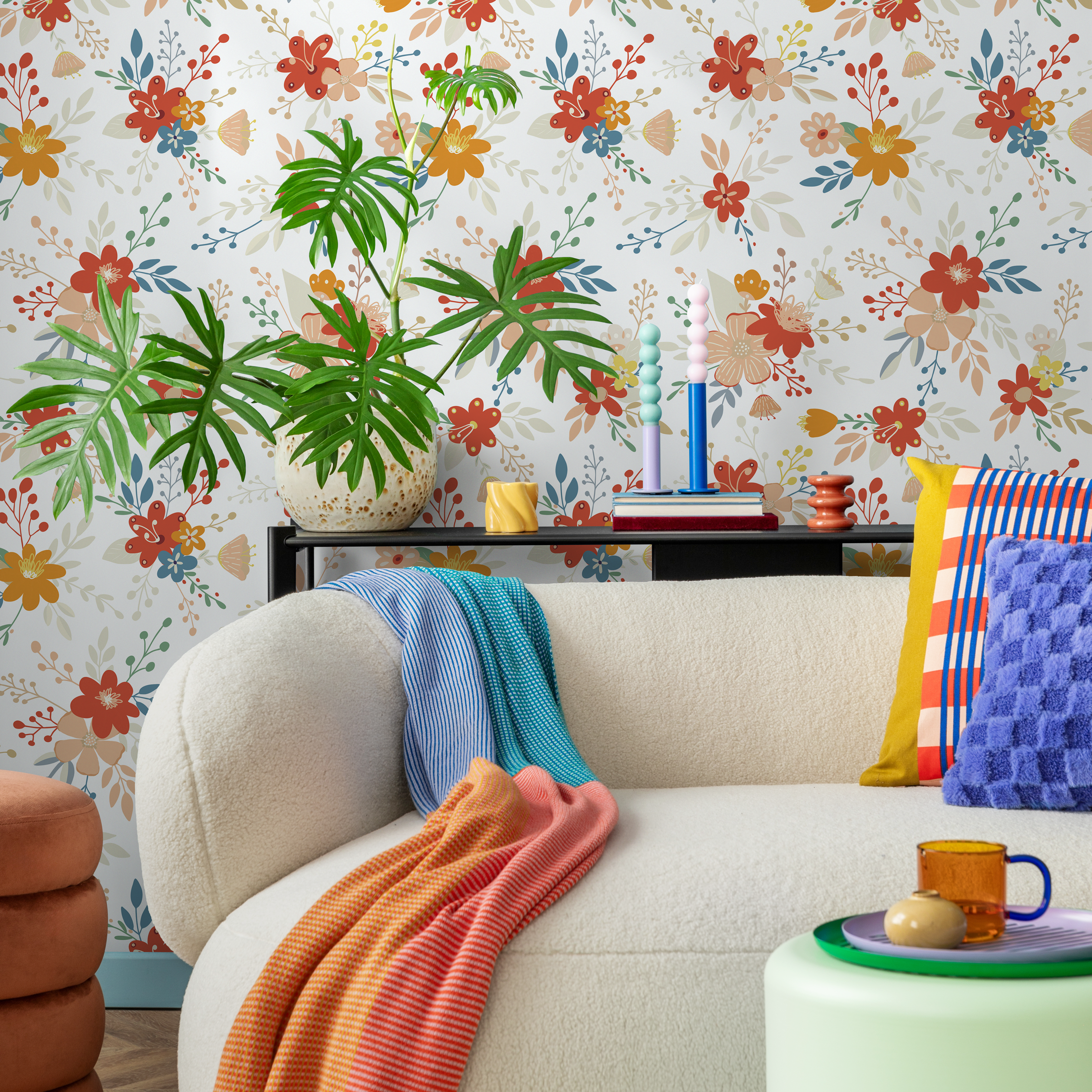 Floral Wallpaper With A Cute Folk Art Motif In Red, Yellow, And Blue - C710