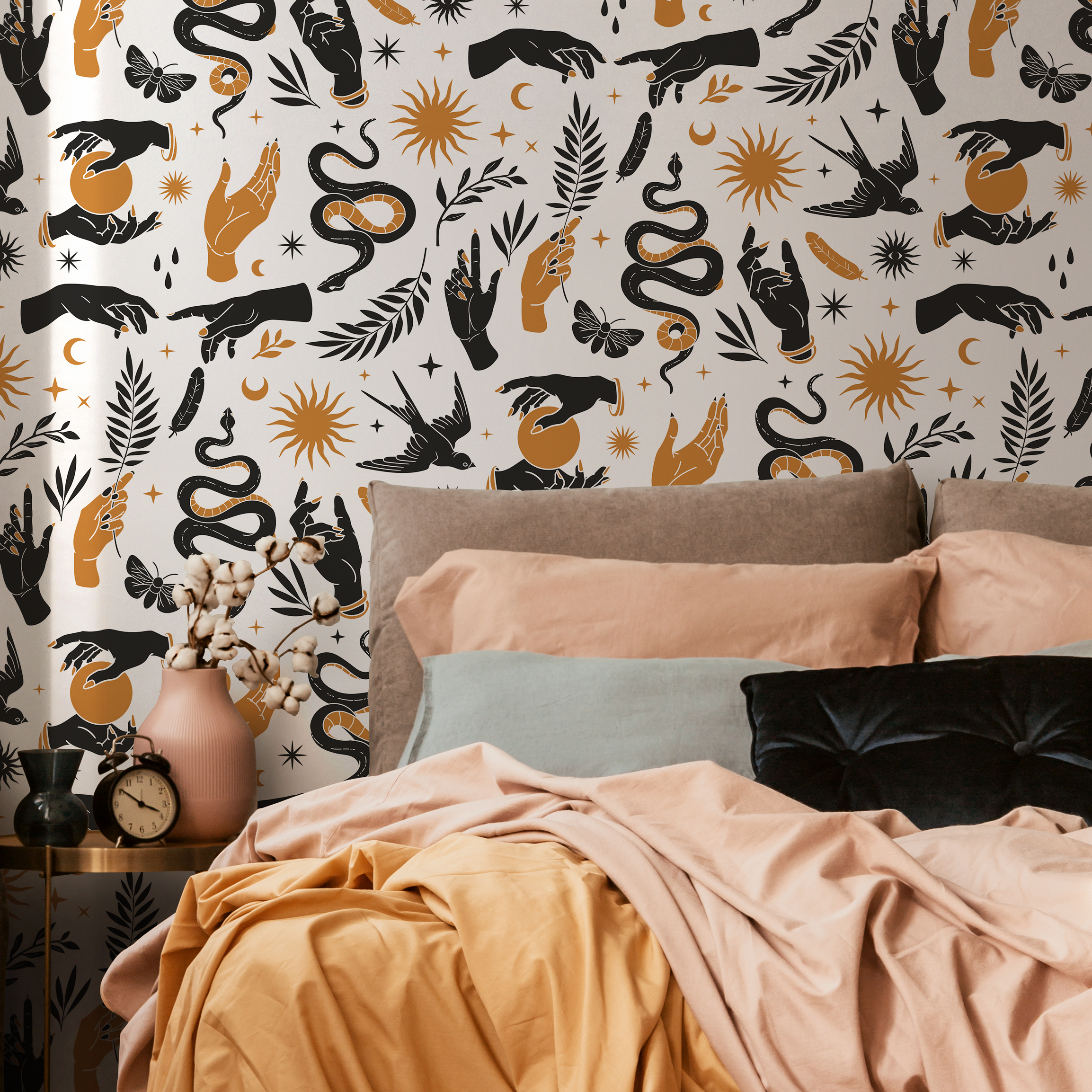 Mystical Wallpaper With Celestial Hands, Snakes, And Moons In Black And Gold - C715