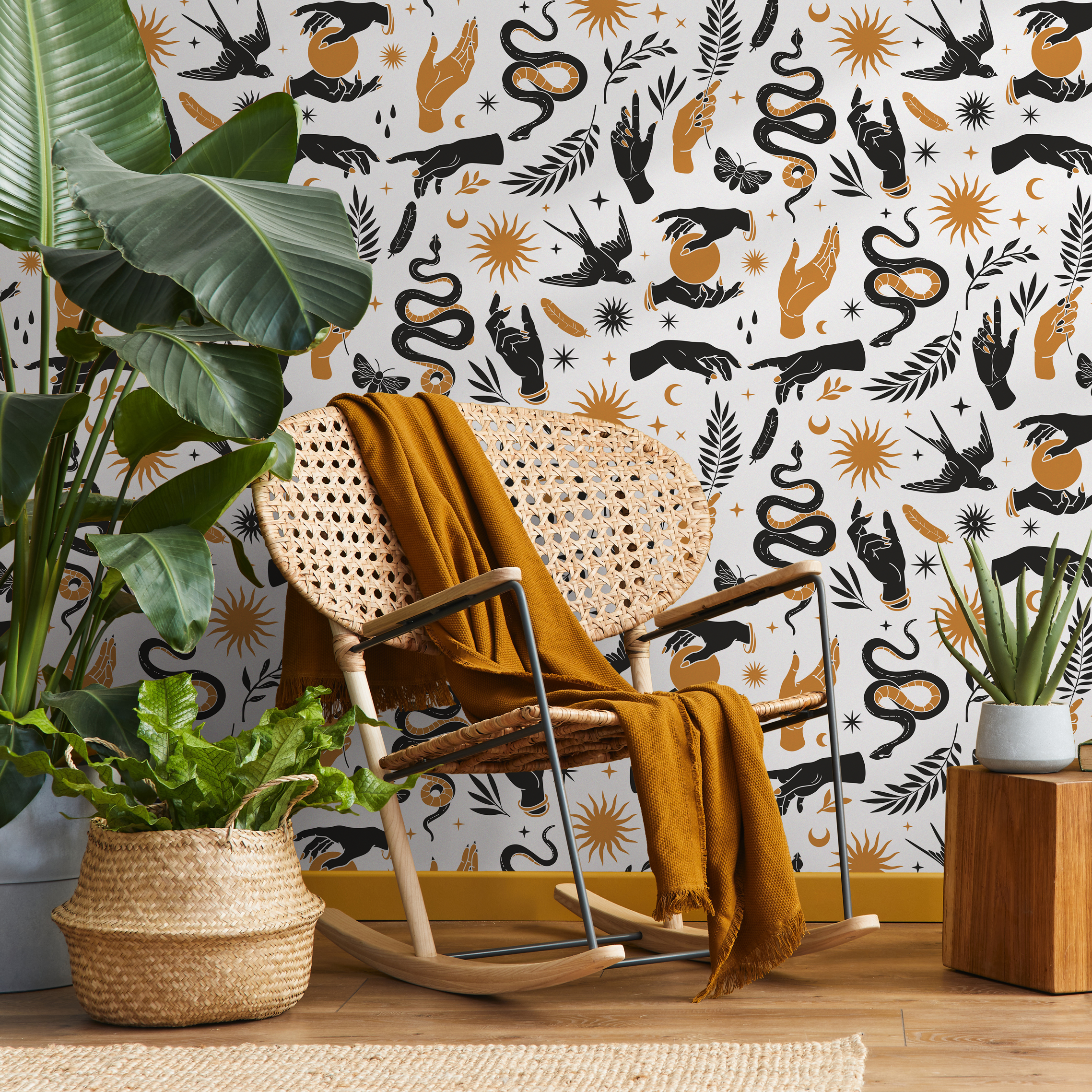 Mystical Wallpaper With Celestial Hands, Snakes, And Moons In Black And Gold - C715