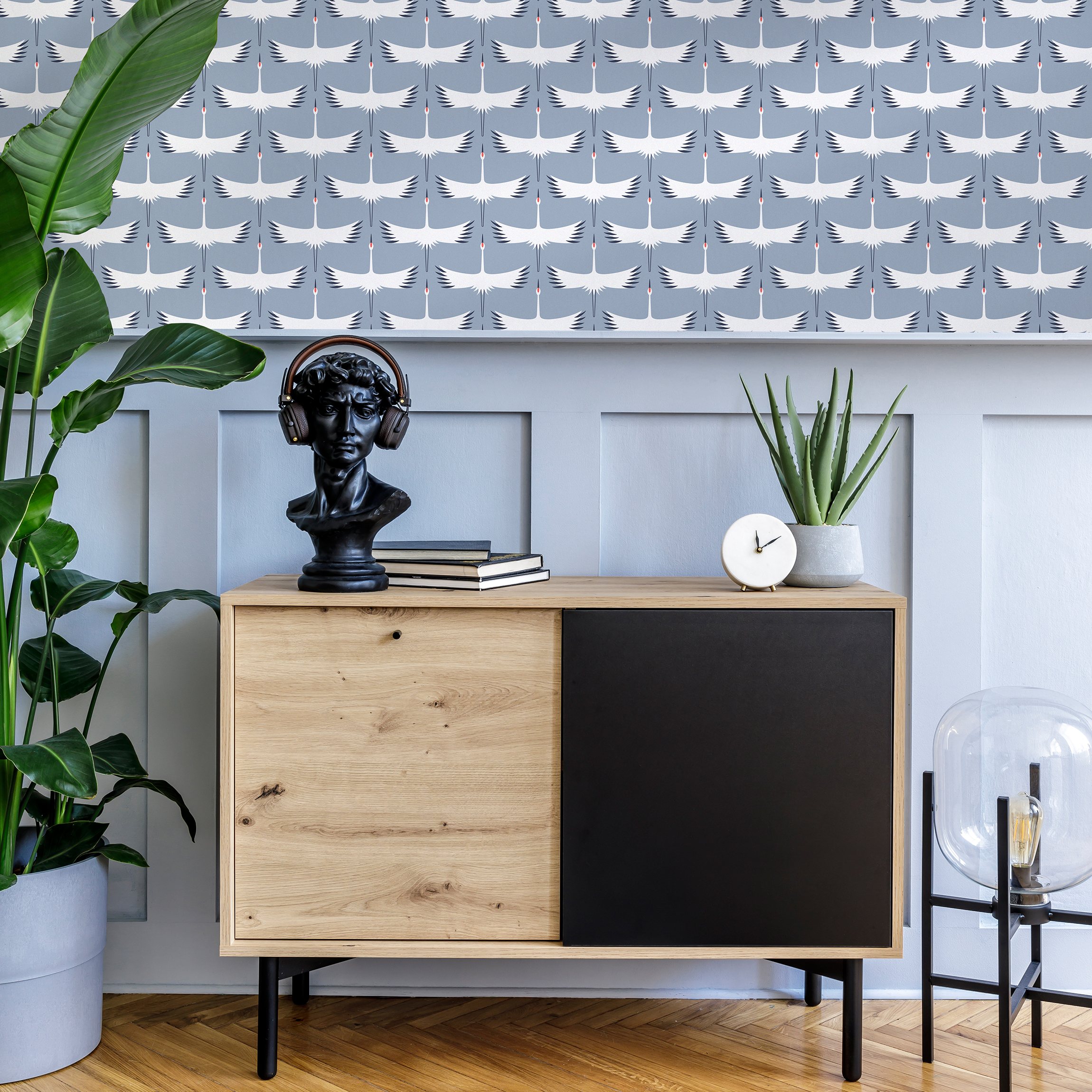 Birds Wallpaper With A Japanese Crane Motif In Light Blue, White, And Black - C717