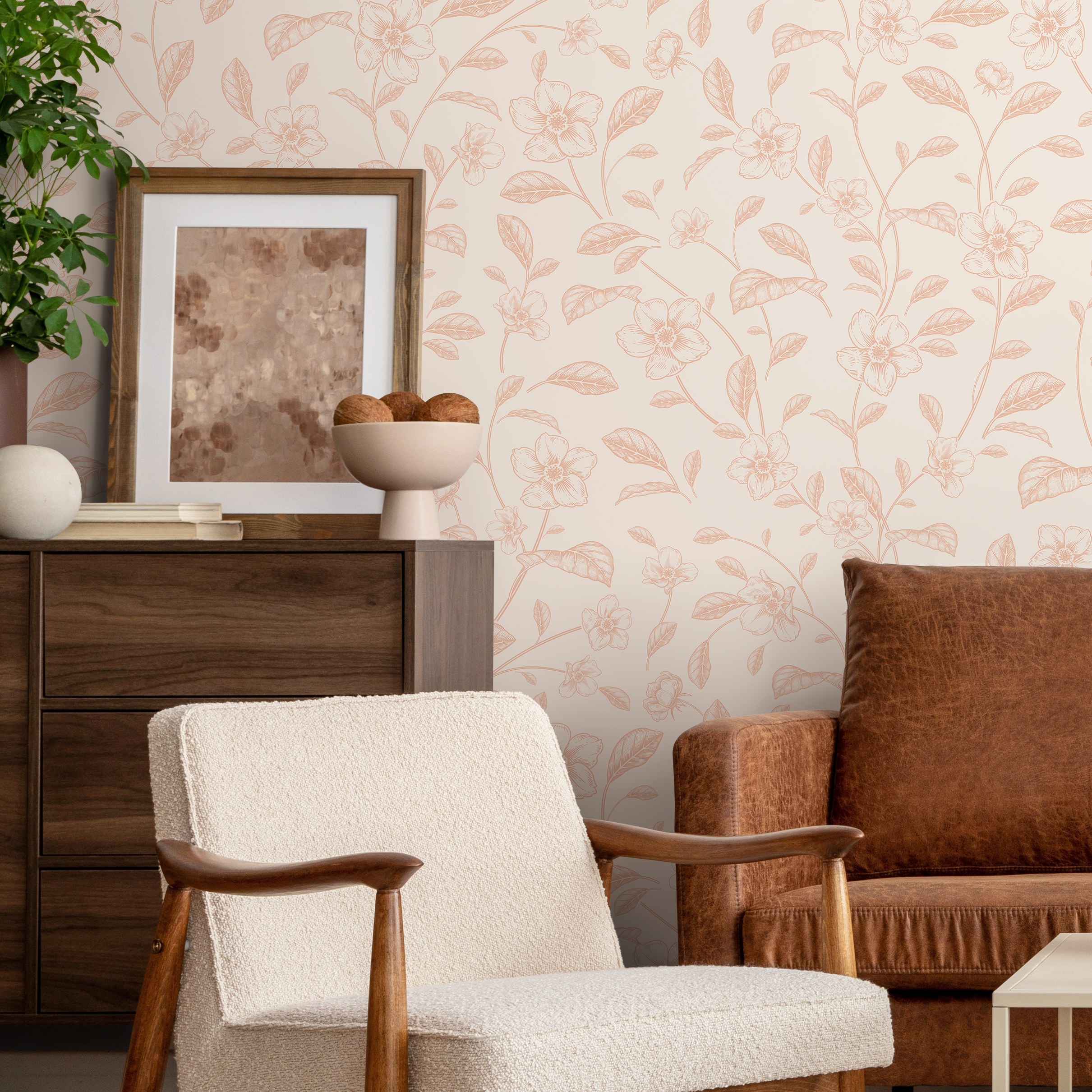 Floral Wallpaper With A Vintage Vine Motif In Pink And Beige - C718