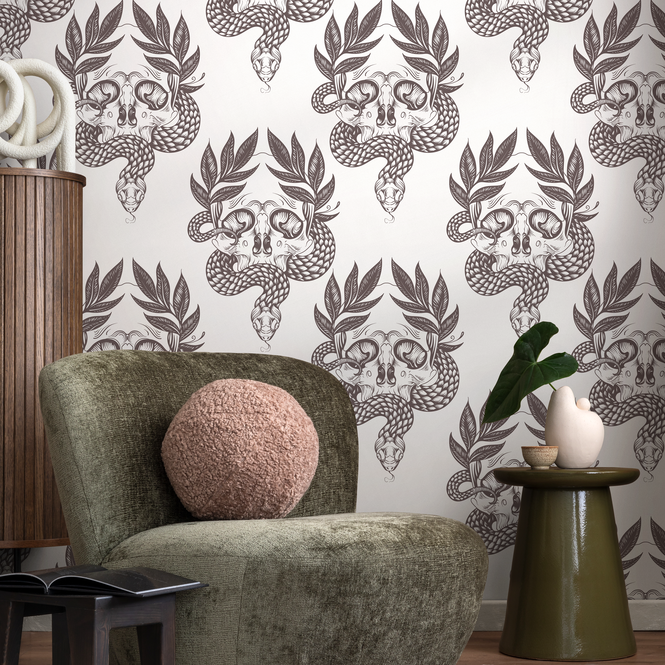 Gothic Wallpaper With A Snake And Skull Damask In Charcoal Brown - C720