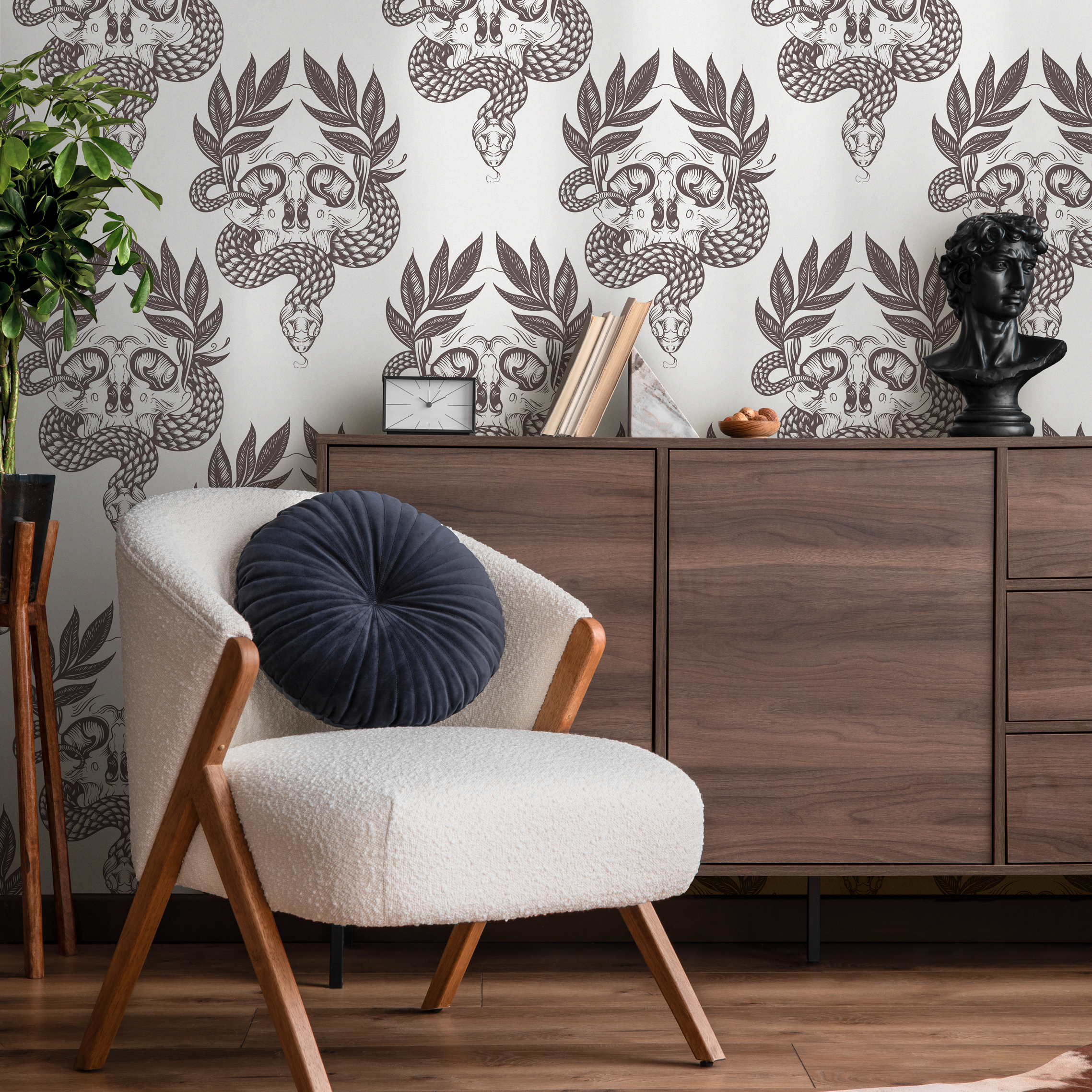 Gothic Wallpaper With A Snake And Skull Damask In Charcoal Brown - C720