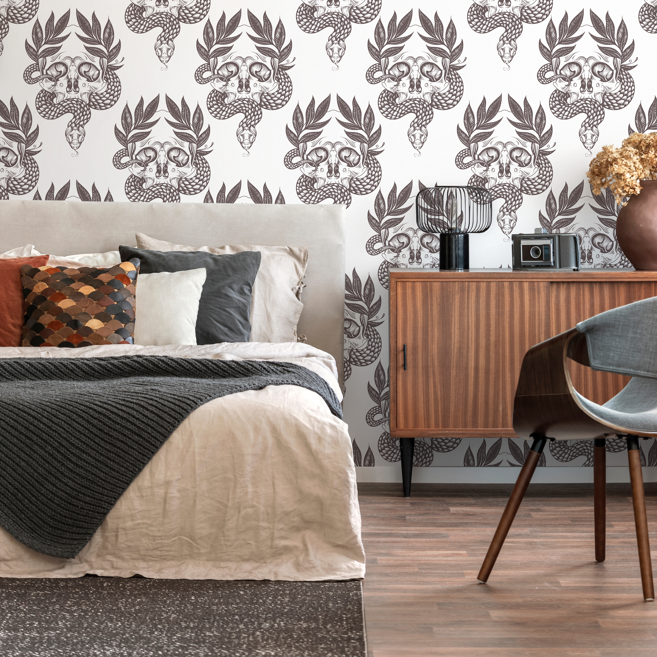 Gothic Wallpaper With A Snake And Skull Damask In Charcoal Brown - C720