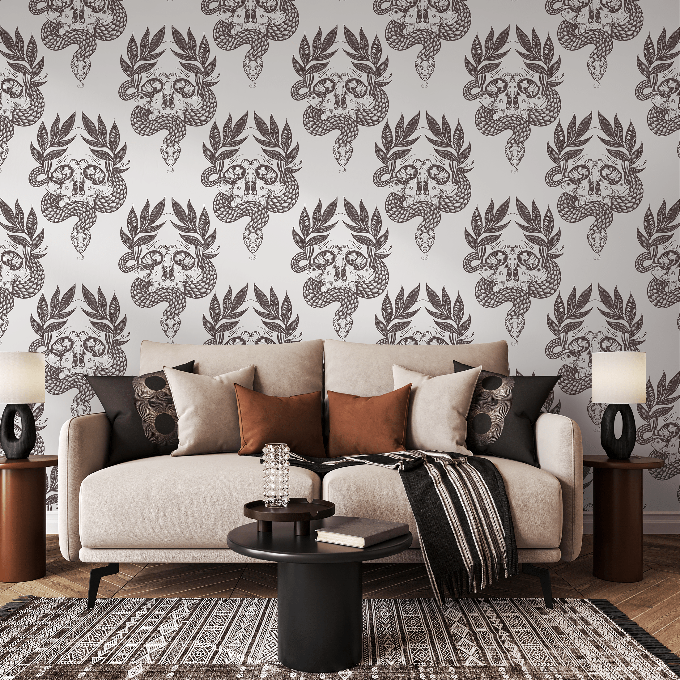Gothic Wallpaper With A Snake And Skull Damask In Charcoal Brown - C720