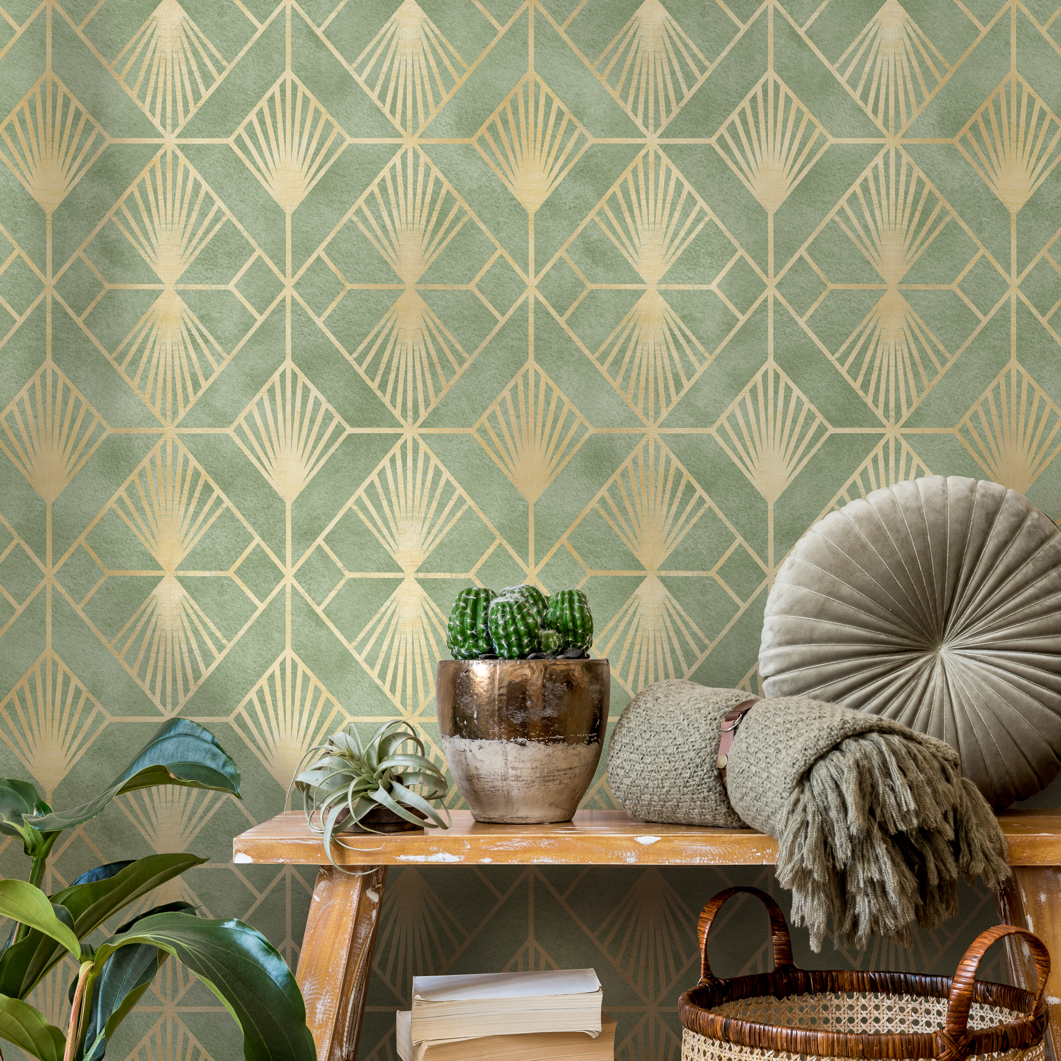 Art Deco Wallpaper With Geometric Fan Motifs In Green And Gold - C721