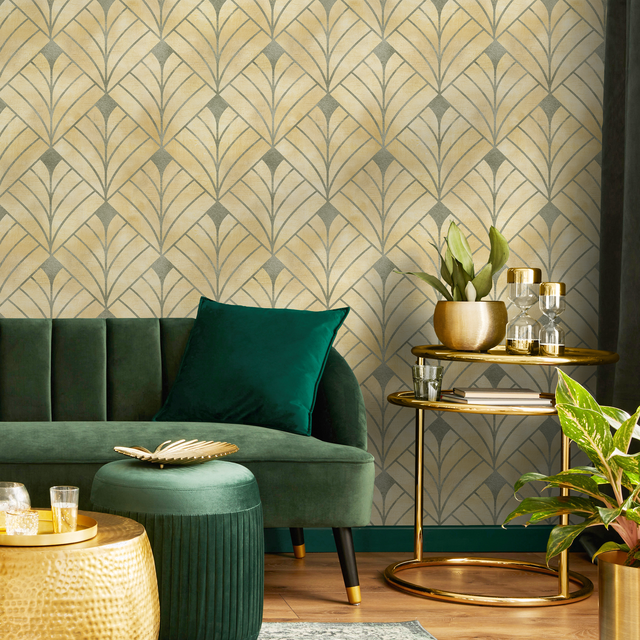 Art Deco Wallpaper With A Geometric Fan Motif In Gold And Sage Green - C722
