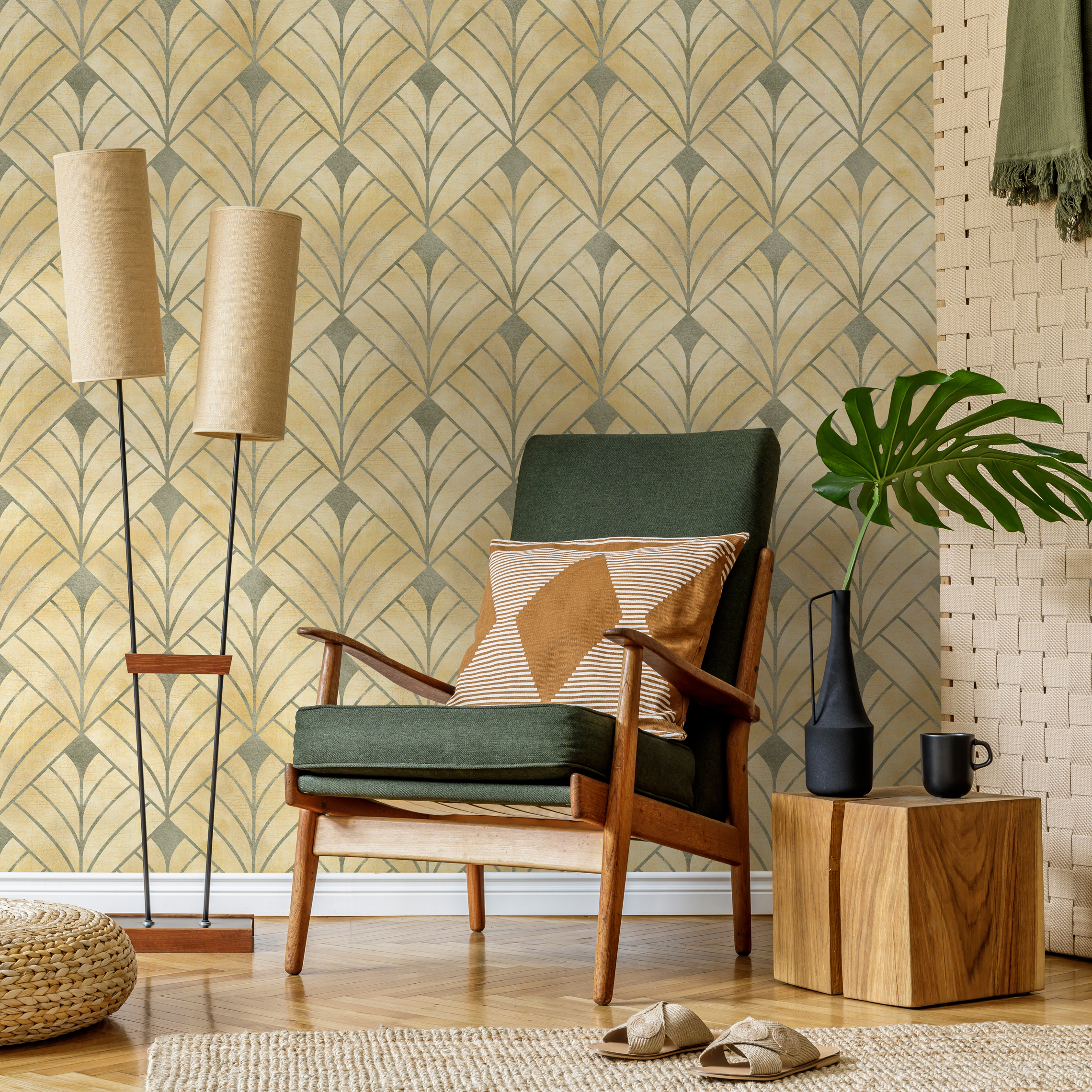 Art Deco Wallpaper With A Geometric Fan Motif In Gold And Sage Green - C722