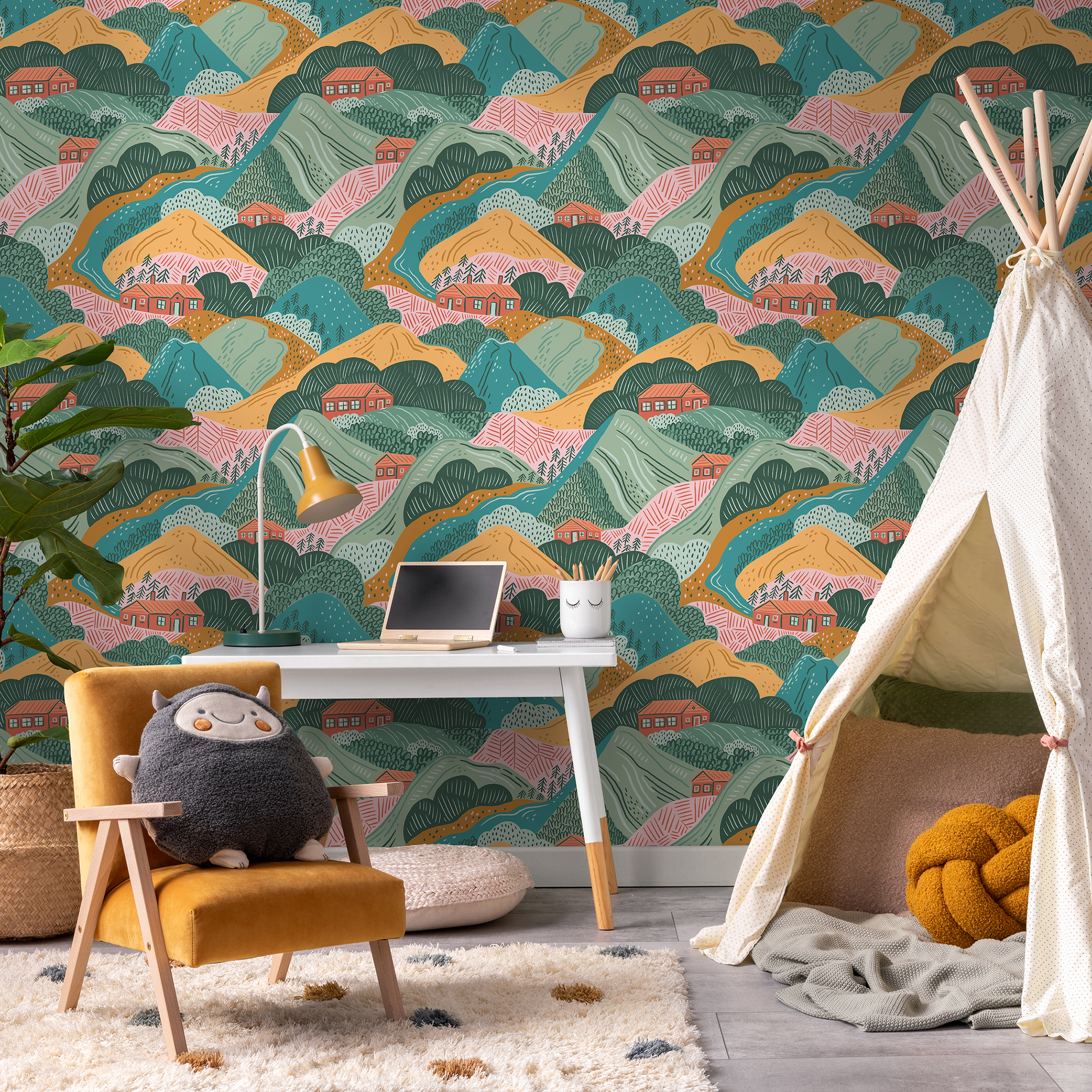 Mountain Wallpaper Featuring Rolling Hills And Cabins In Green, Orange, And Pink - C725