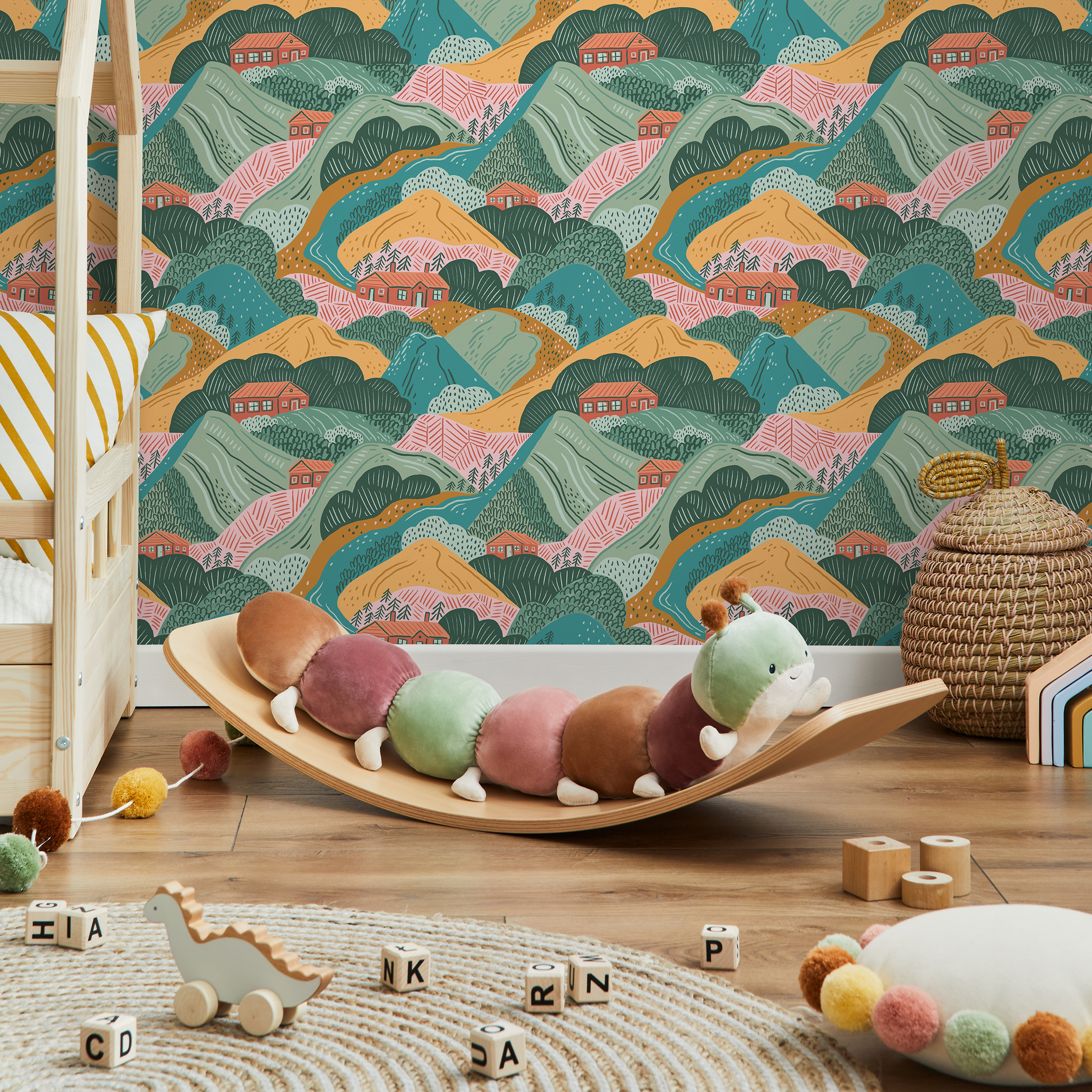 Mountain Wallpaper Featuring Rolling Hills And Cabins In Green, Orange, And Pink - C725