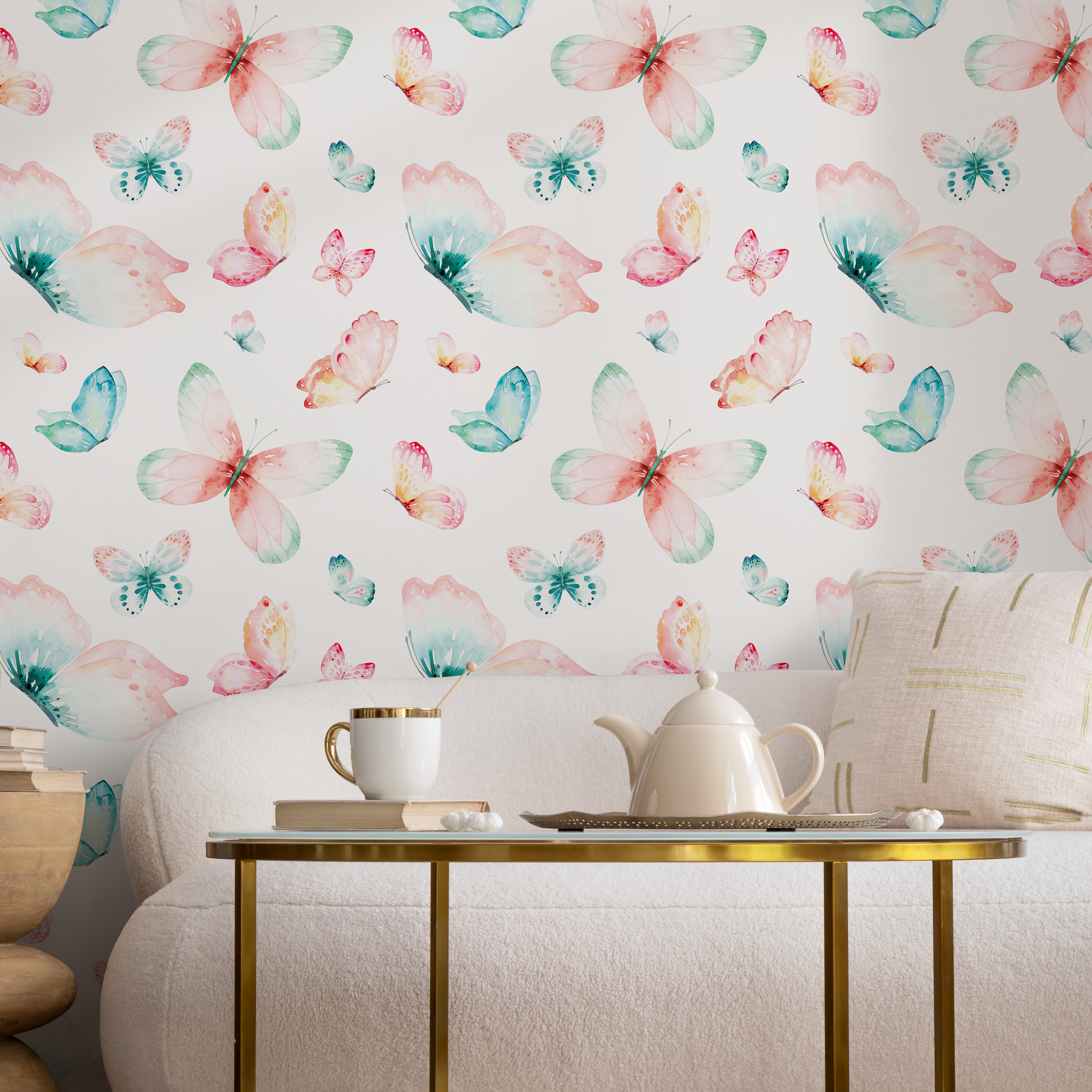 Butterfly Wallpaper With A Watercolor Motif In Pink, Teal, And Yellow - C726