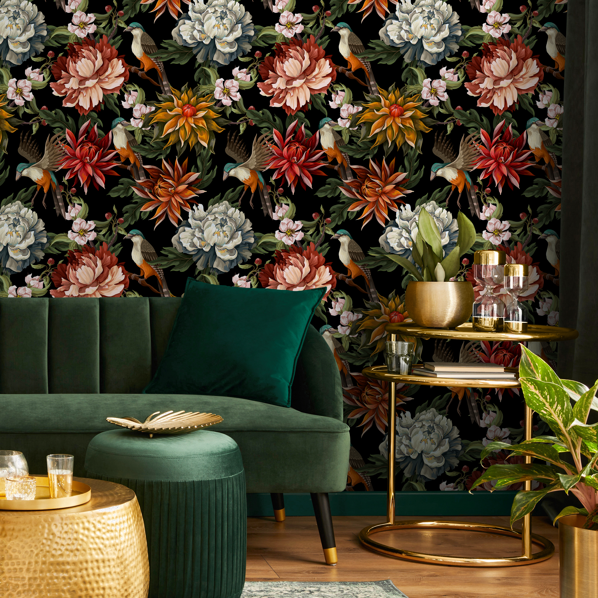 Chinoiserie Wallpaper With Birds And Peonies In Red, Orange And Black - C727