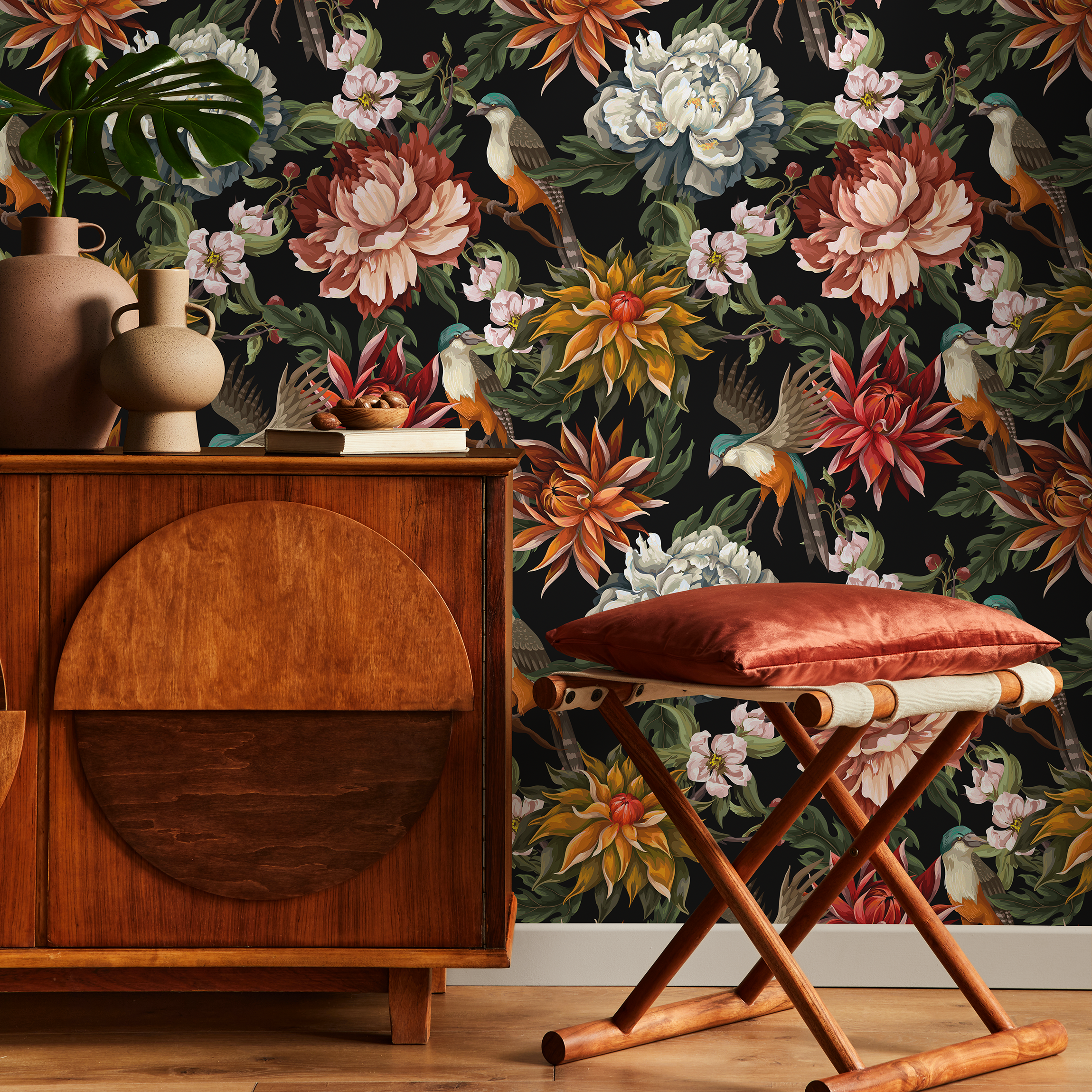 Chinoiserie Wallpaper With Birds And Peonies In Red, Orange And Black - C727