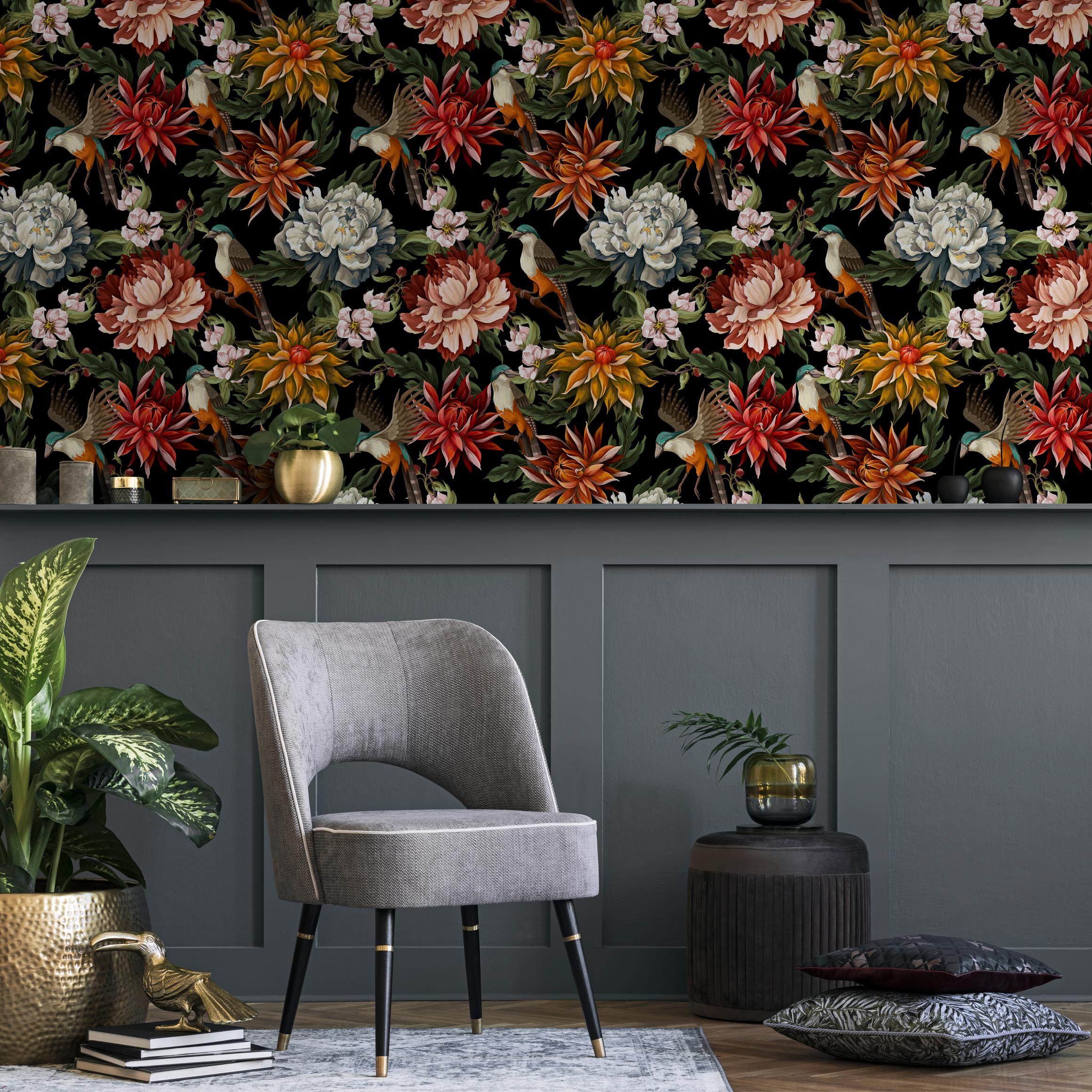 Chinoiserie Wallpaper With Birds And Peonies In Red, Orange And Black - C727