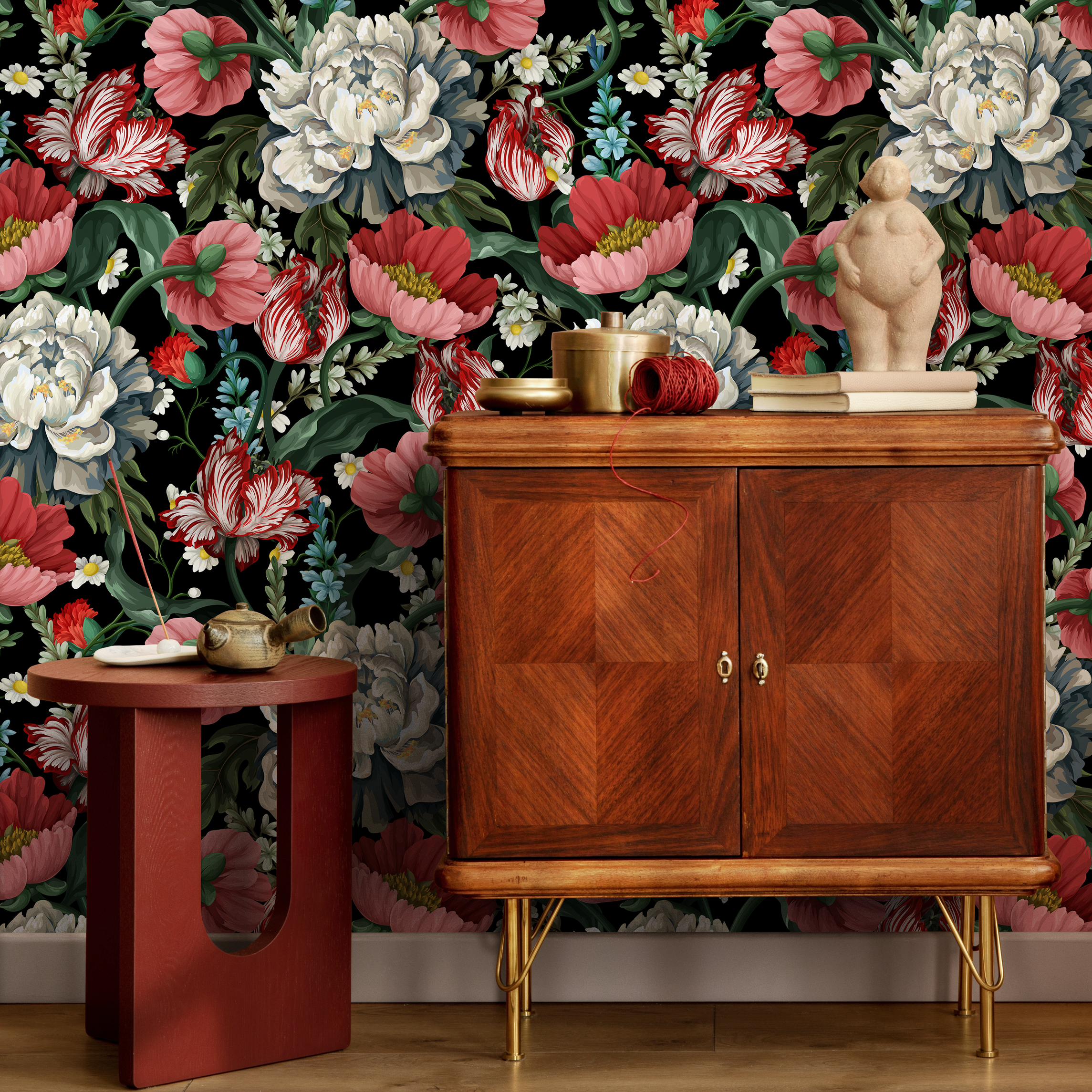 Vintage Botanical Wallpaper With Peonies And Tulips In Red And White - C728