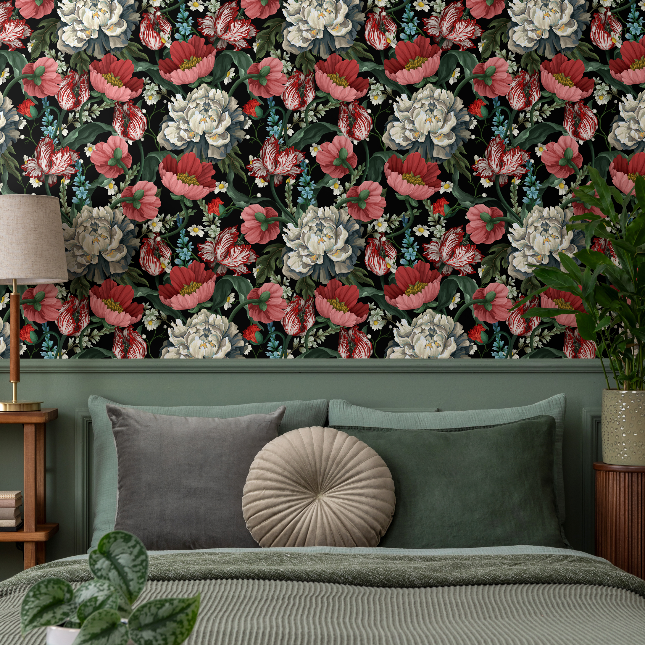 Vintage Botanical Wallpaper With Peonies And Tulips In Red And White - C728