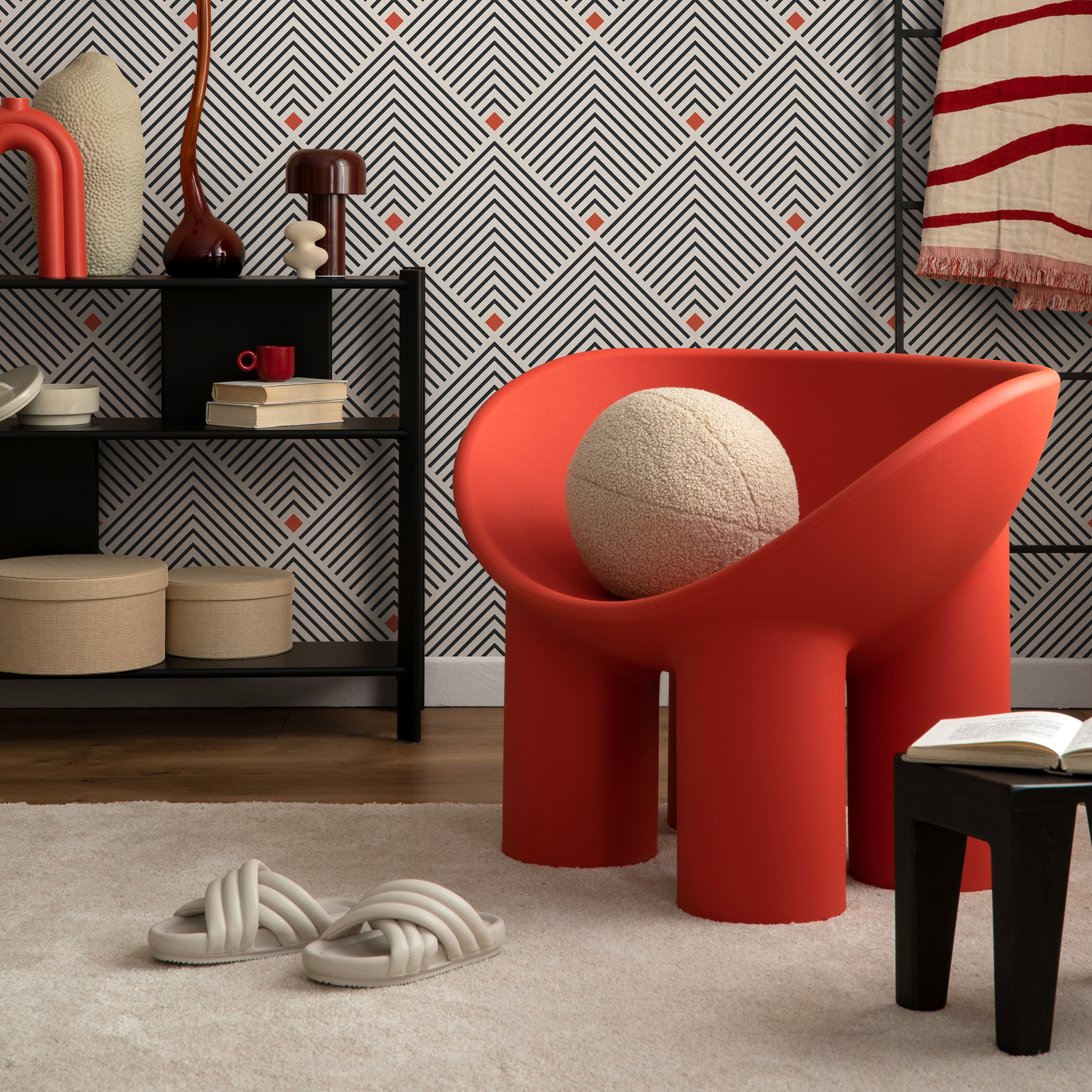 Geometric Wallpaper With An Angular Chevron Motif In Black And Orange - C732