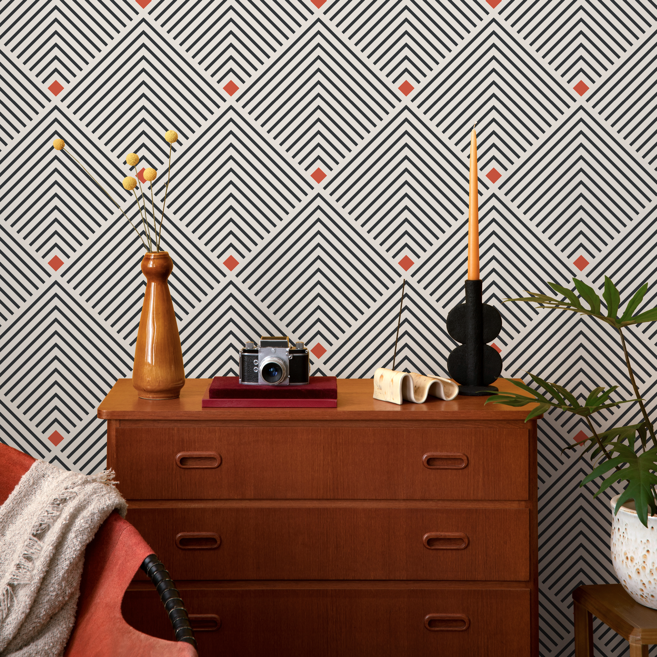 Geometric Wallpaper With An Angular Chevron Motif In Black And Orange - C732