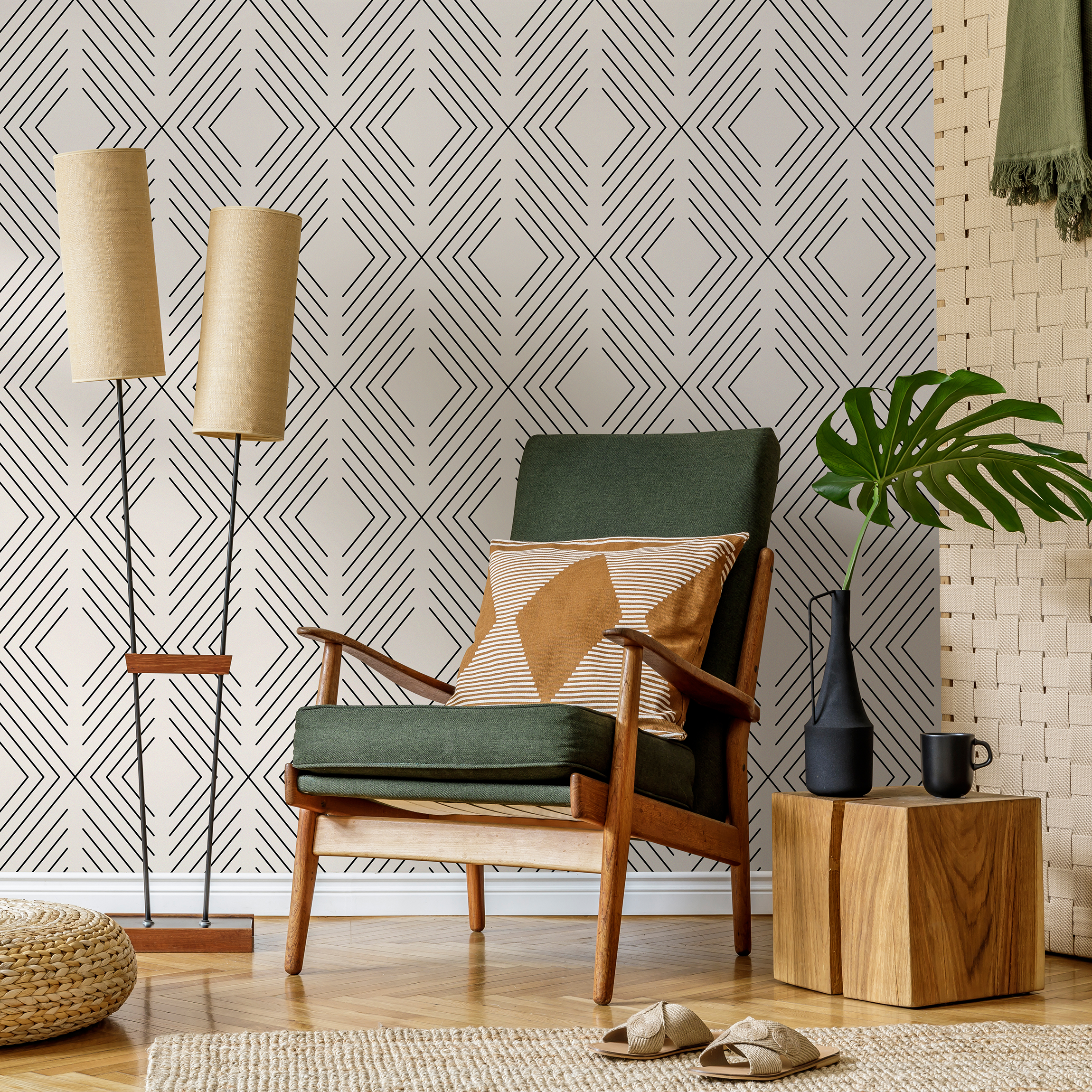 Geometric Wallpaper With A Nested Diamond Motif In Black And Beige - C734