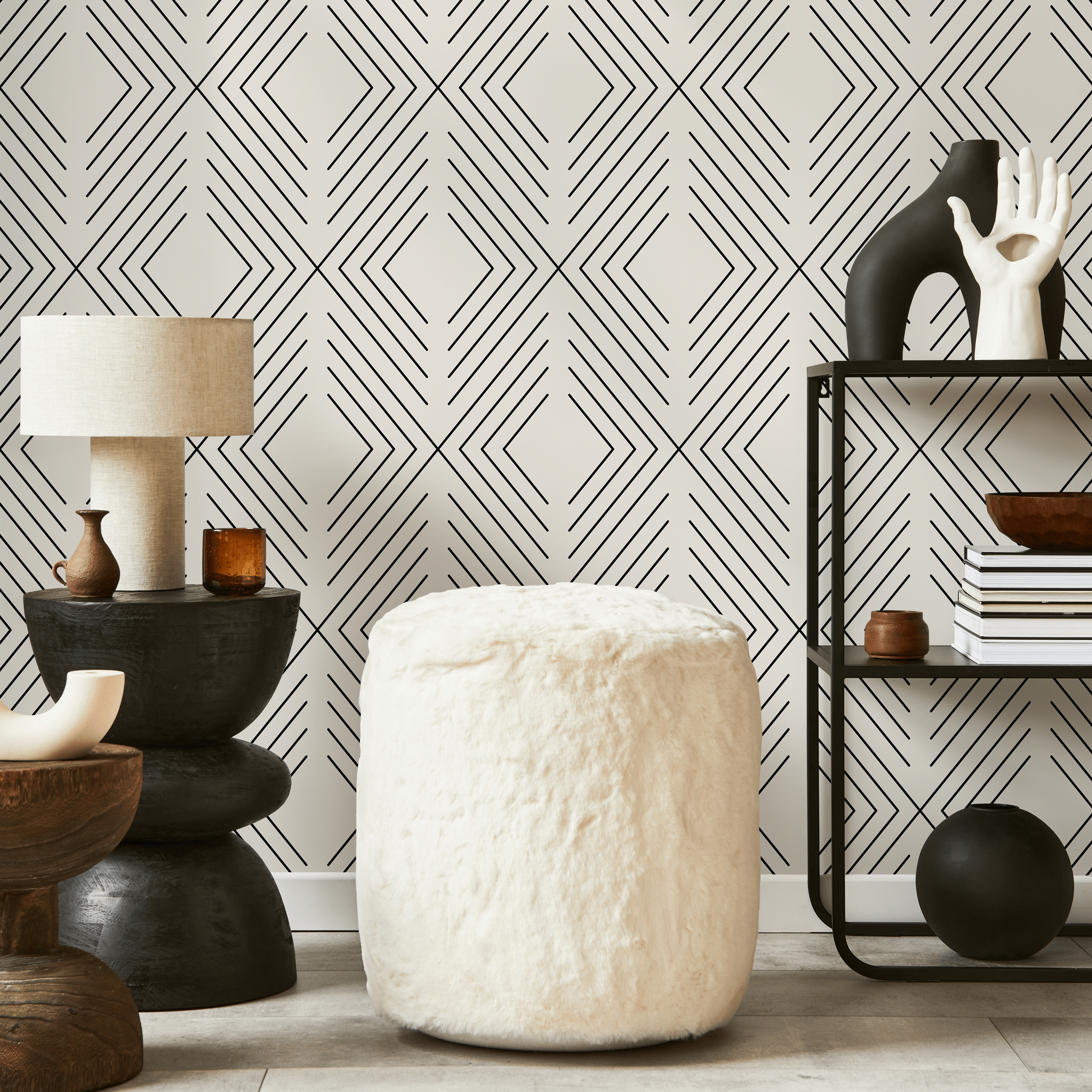 Geometric Wallpaper With A Nested Diamond Motif In Black And Beige - C734