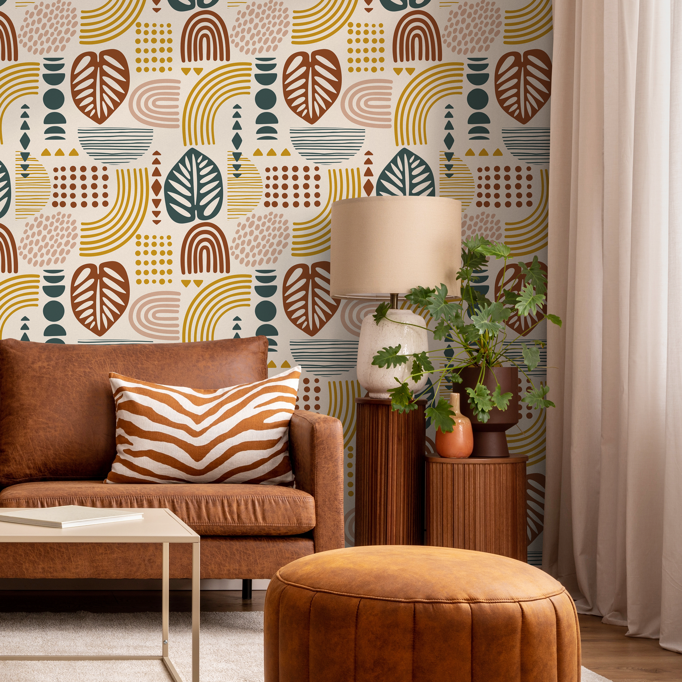 Abstract Wallpaper With Organic Shapes And Leaves In Green, Brown, And Mustard - C735