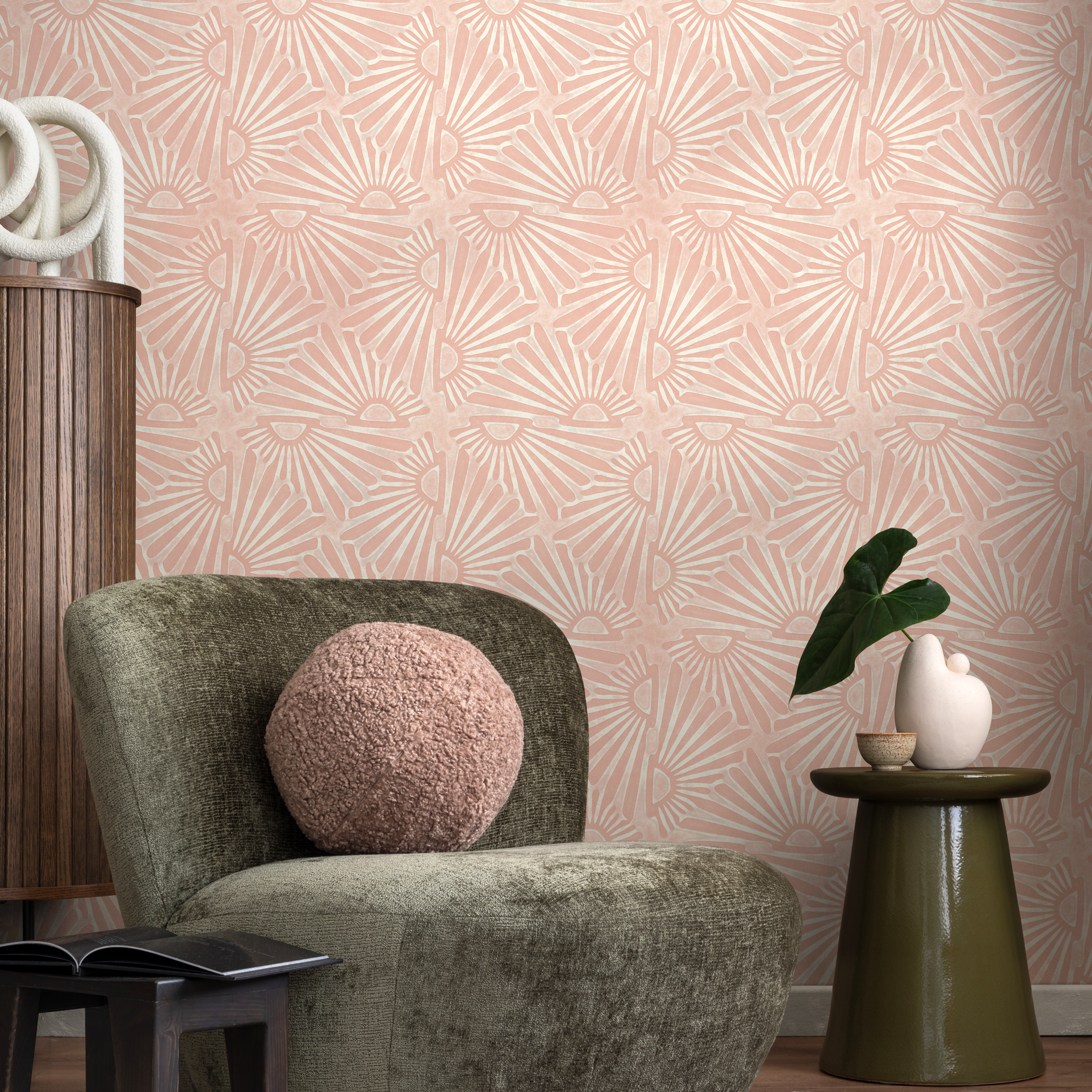 Art Deco Wallpaper With A Sunburst Motif In Pink And Cream - C736