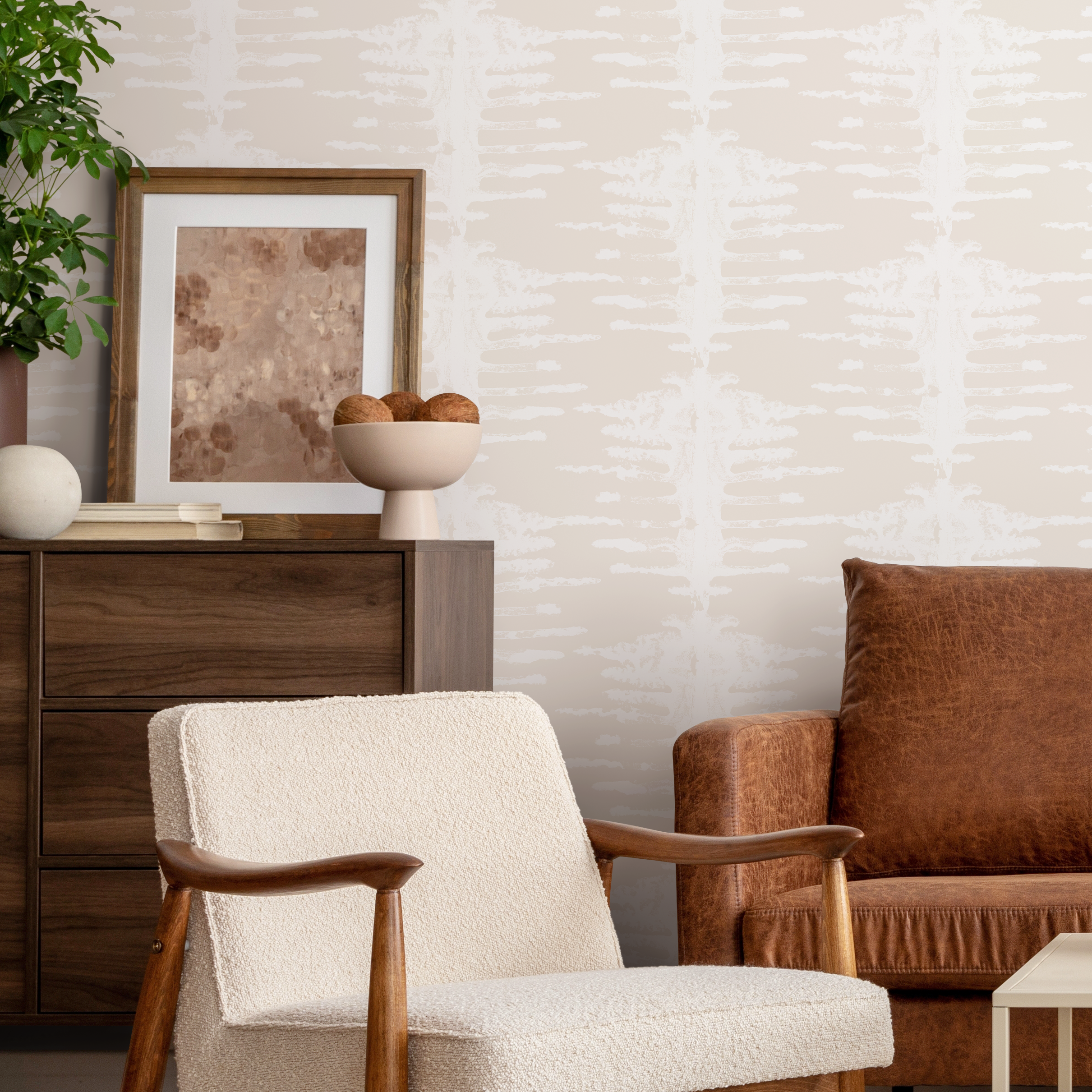 Abstract Wallpaper With Distressed Brushstrokes In Cream And Beige - C740
