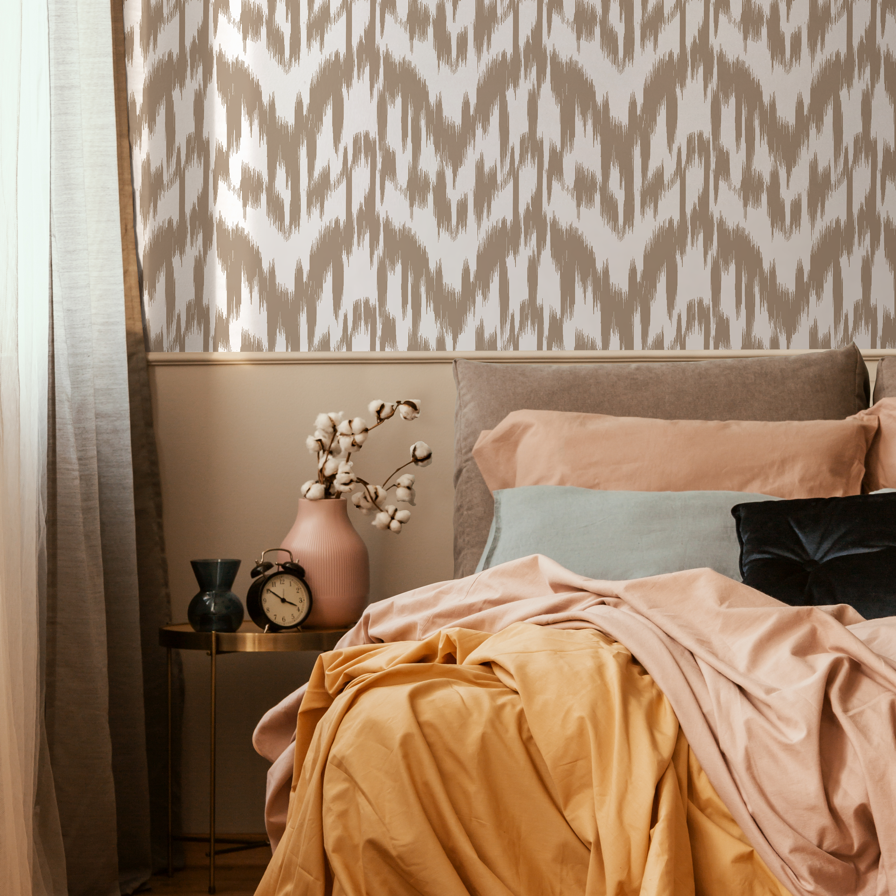 Ikat Wallpaper With A Hand-painted Abstract Motif In Beige And Off-white - C743