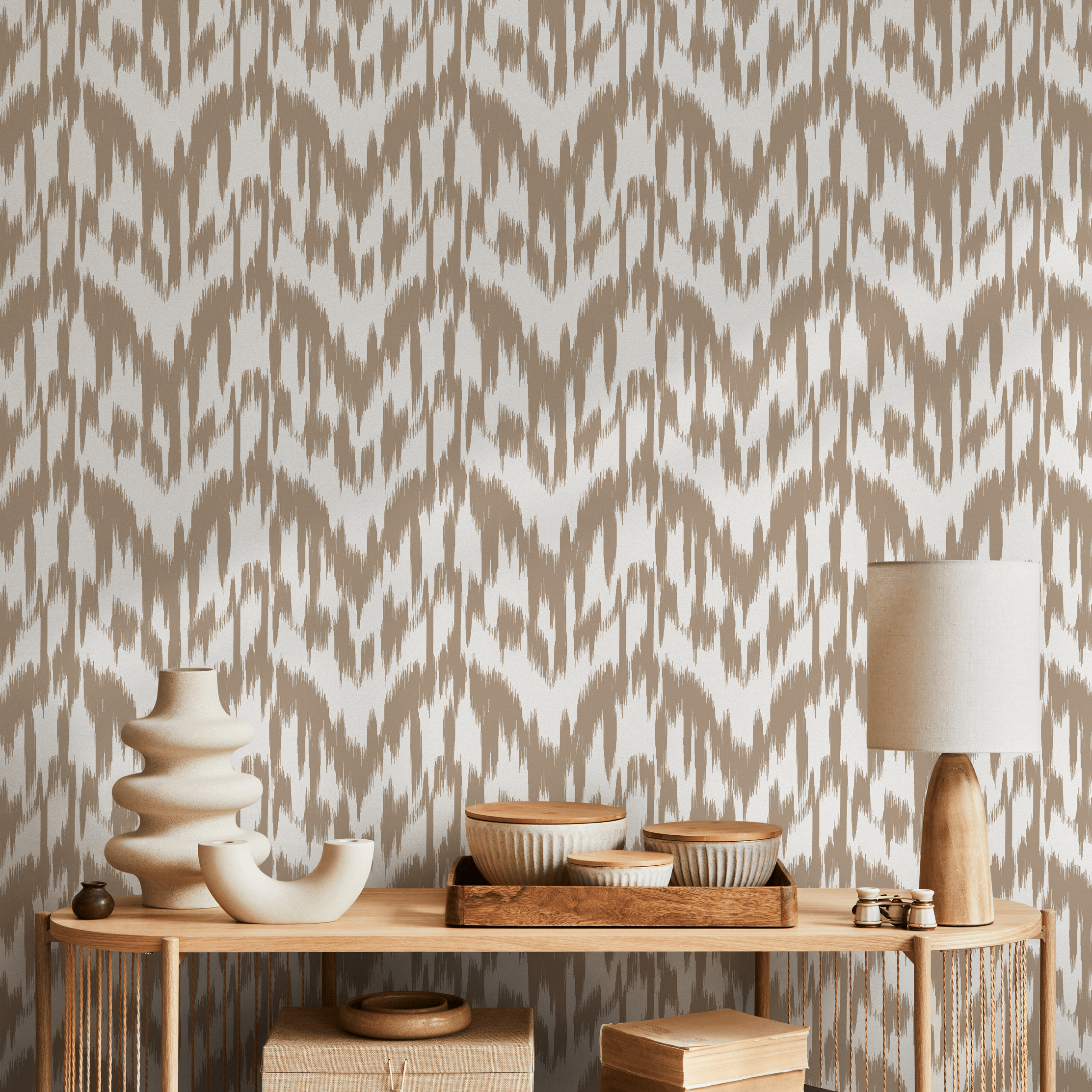 Ikat Wallpaper With A Hand-painted Abstract Motif In Beige And Off-white - C743