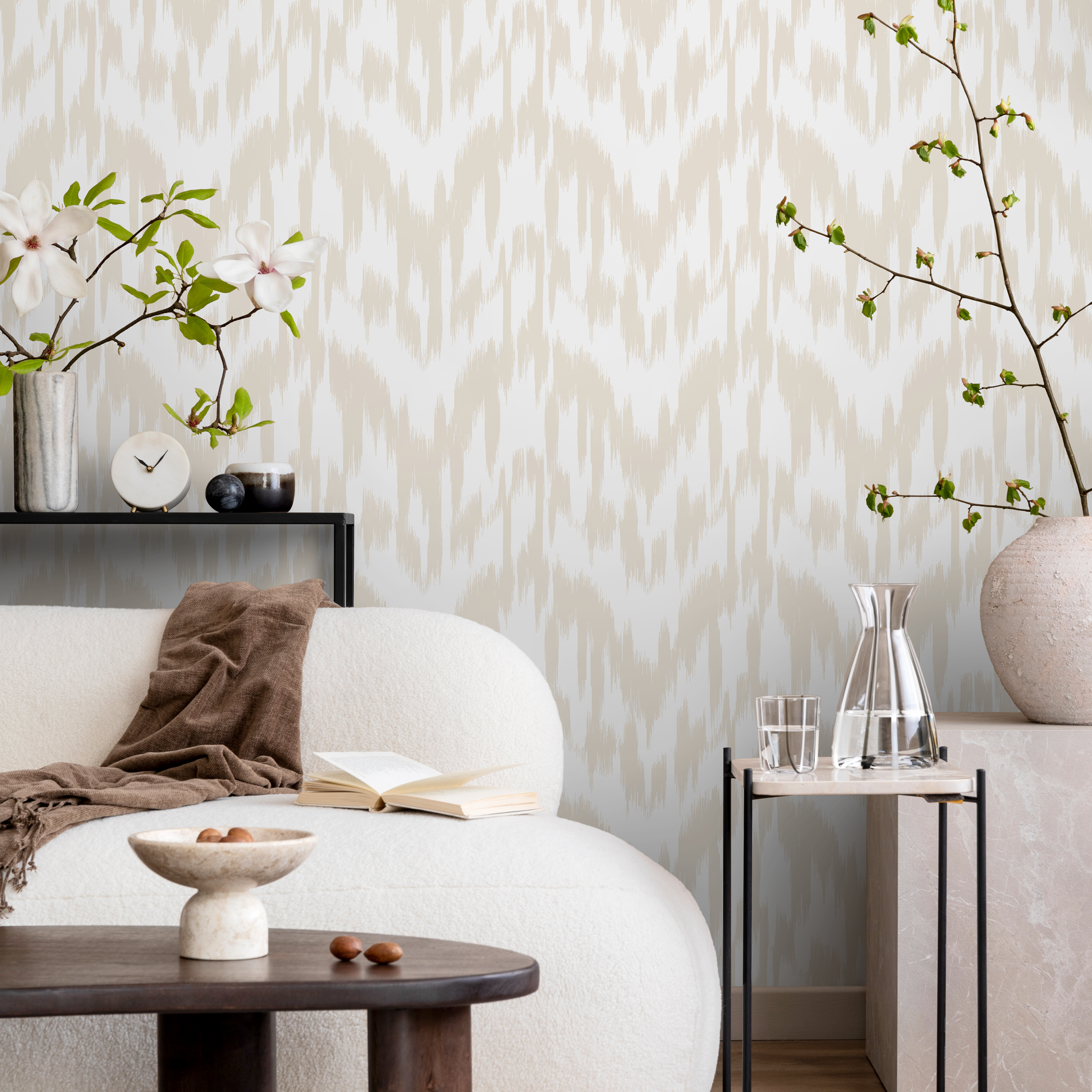 Boho Wallpaper With An Abstract Ikat Motif In Beige - C744