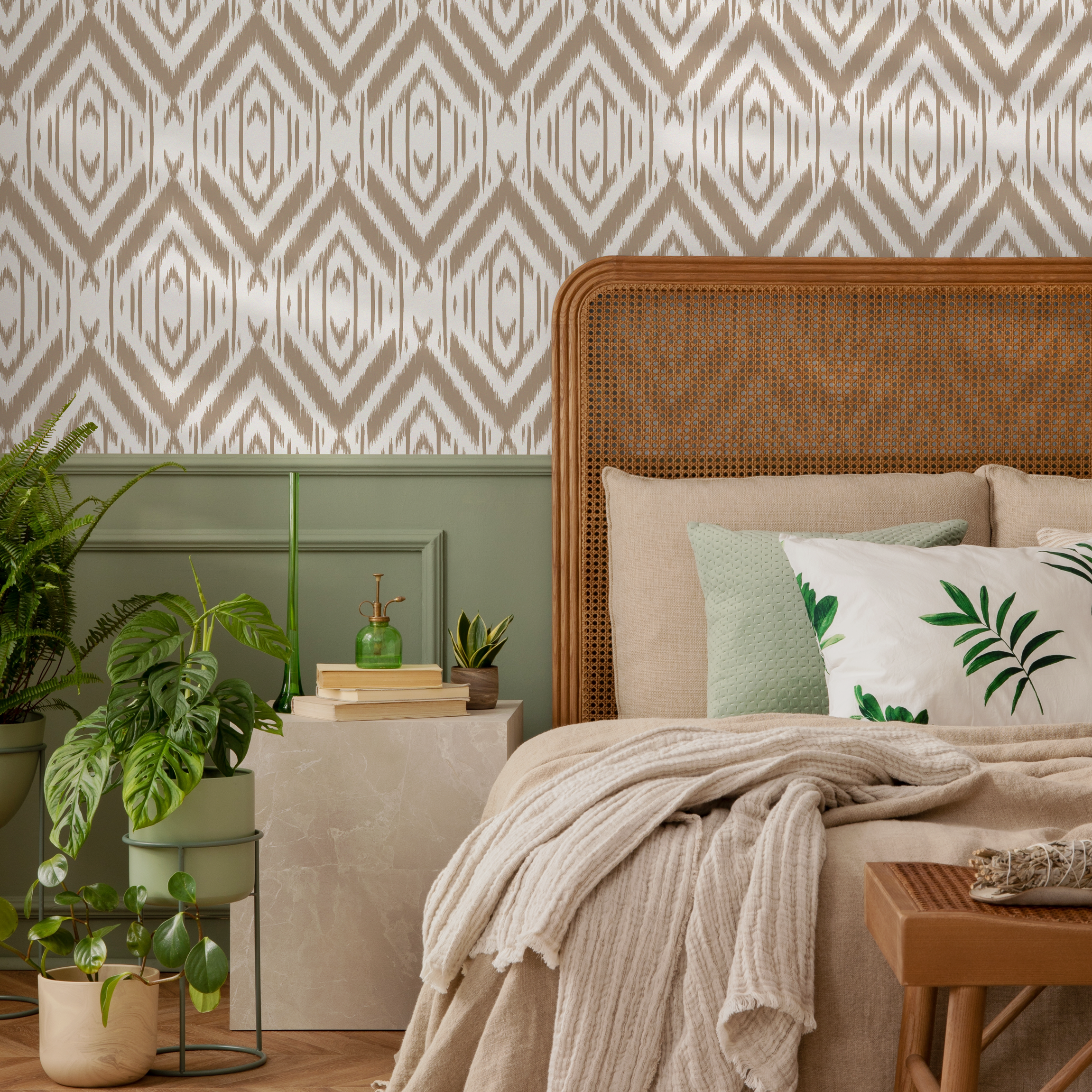 Tribal Wallpaper With An Ikat Diamond Pattern In Beige - C745