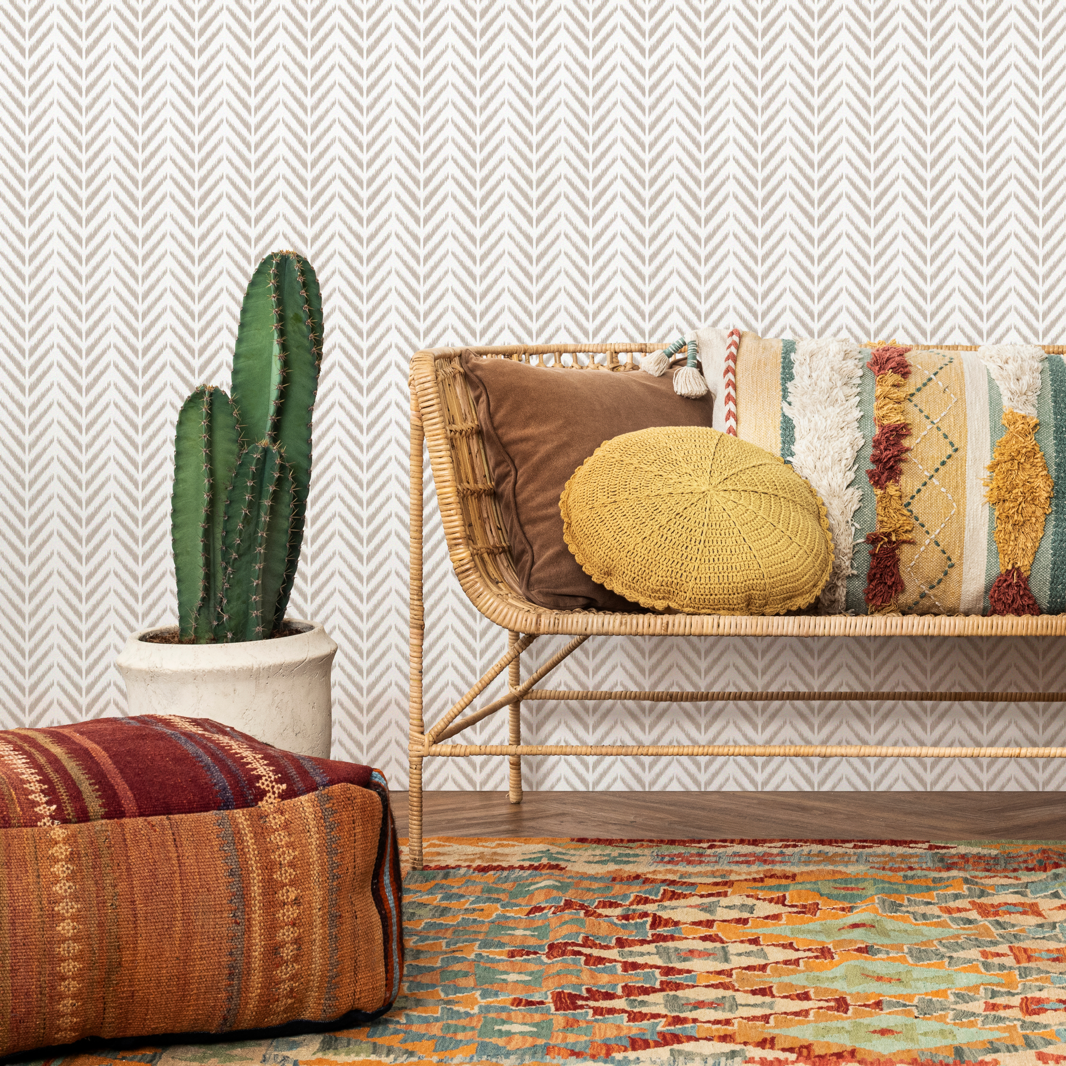 Herringbone Wallpaper With An Ikat Style Motif In Beige - C749