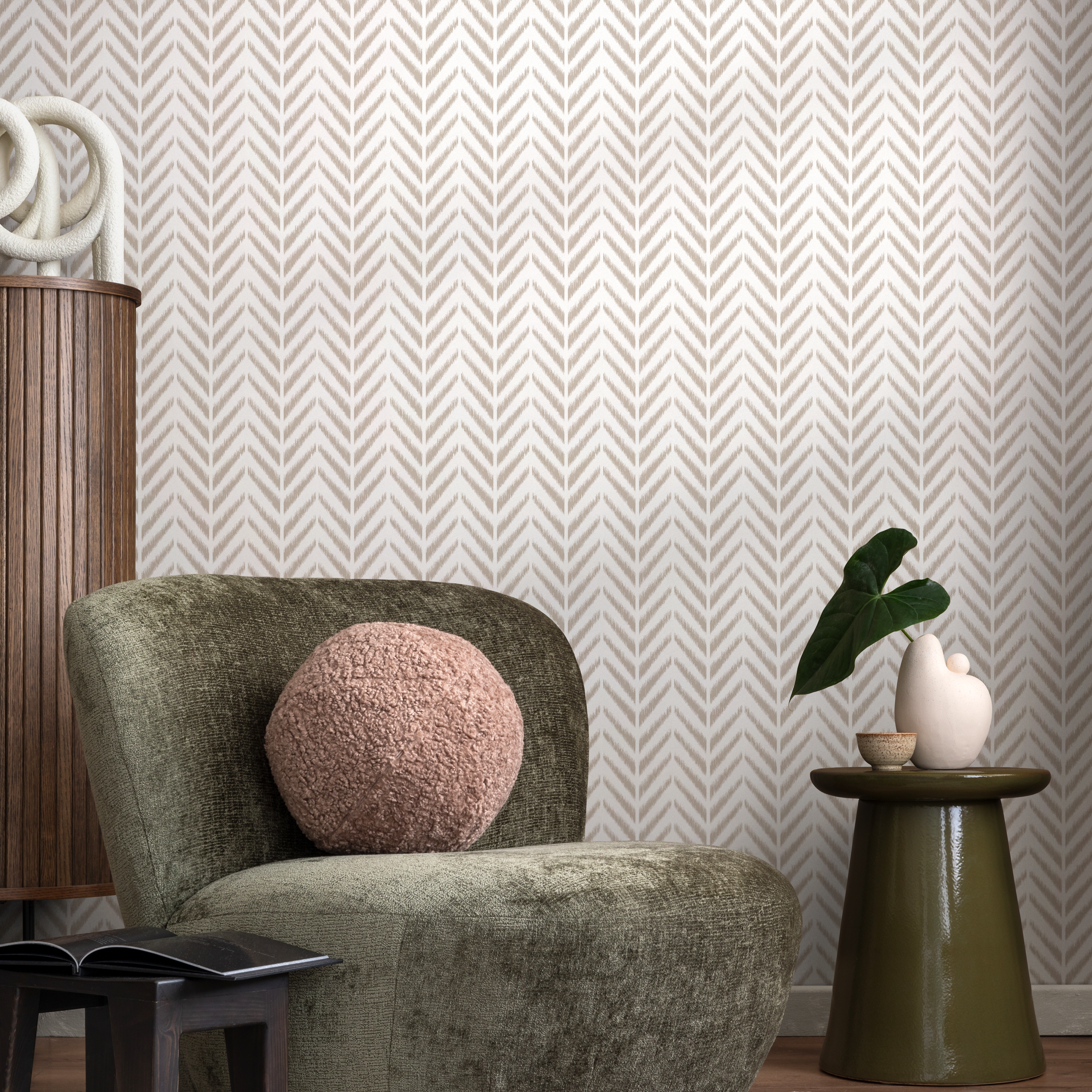 Herringbone Wallpaper With An Ikat Style Motif In Beige - C749