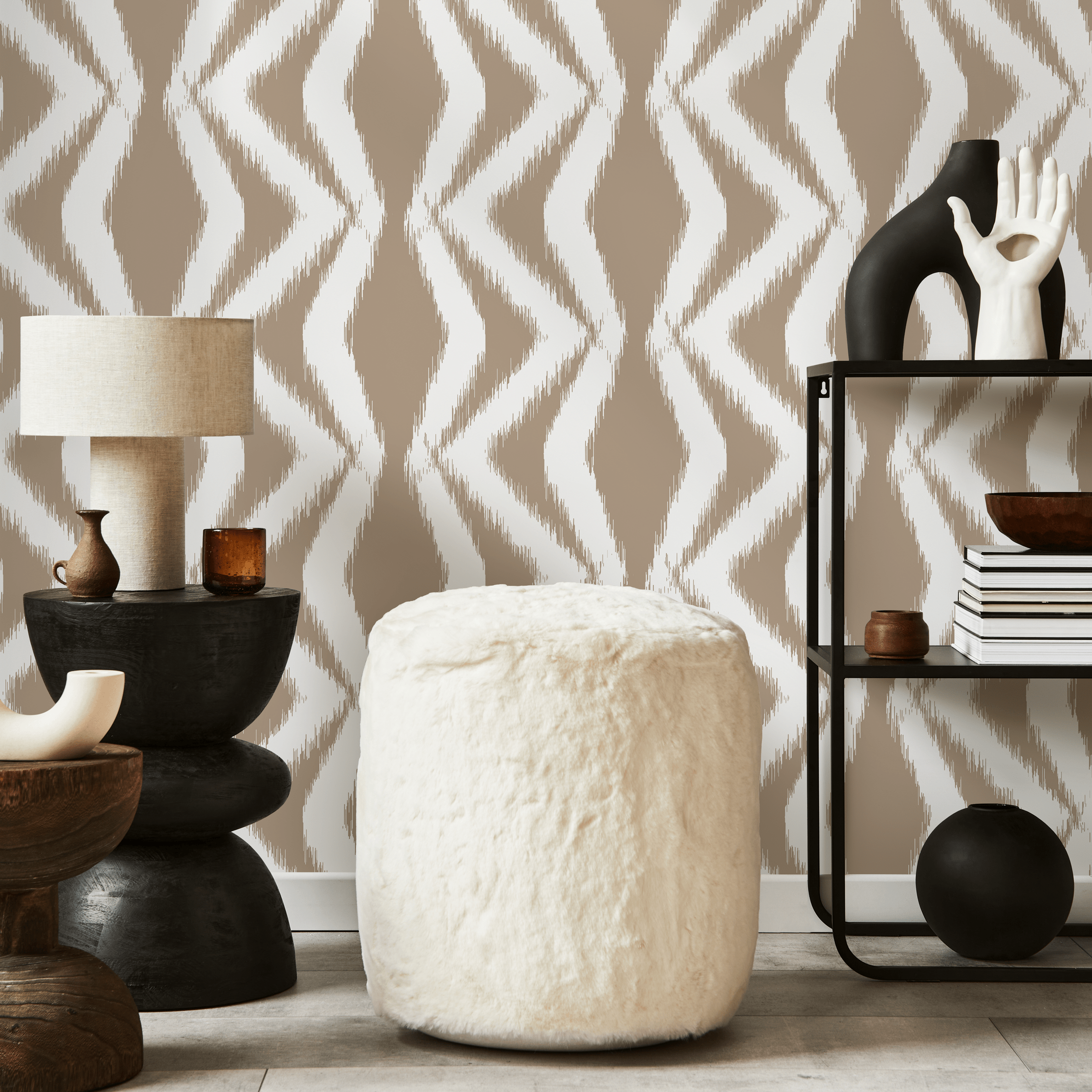 Boho Wallpaper With A Wavy Ikat Motif In Beige And White - C753