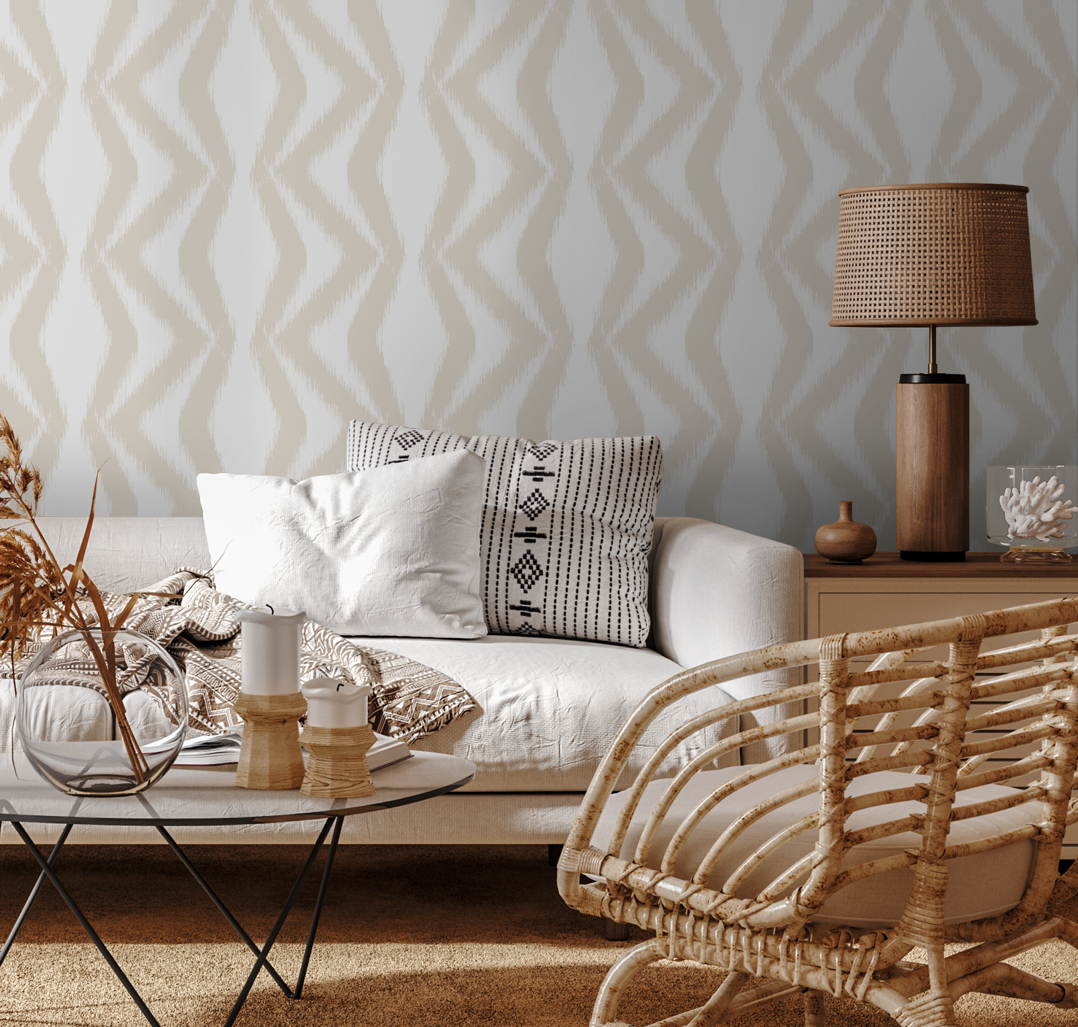 Abstract Wallpaper With A Boho Ikat Motif In Beige And White - C754