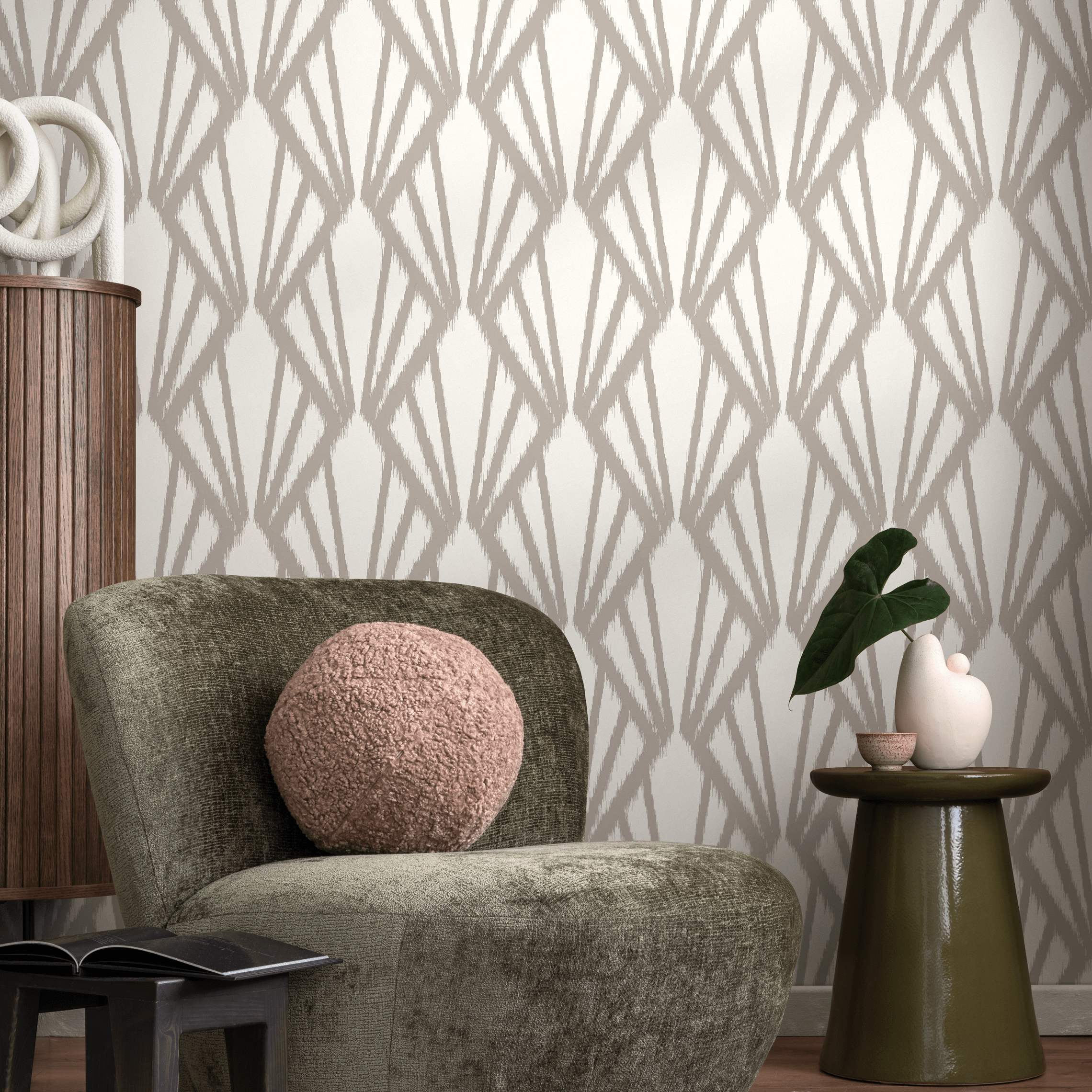 Art Deco Wallpaper With A Geometric Ikat Pattern In Beige - C756