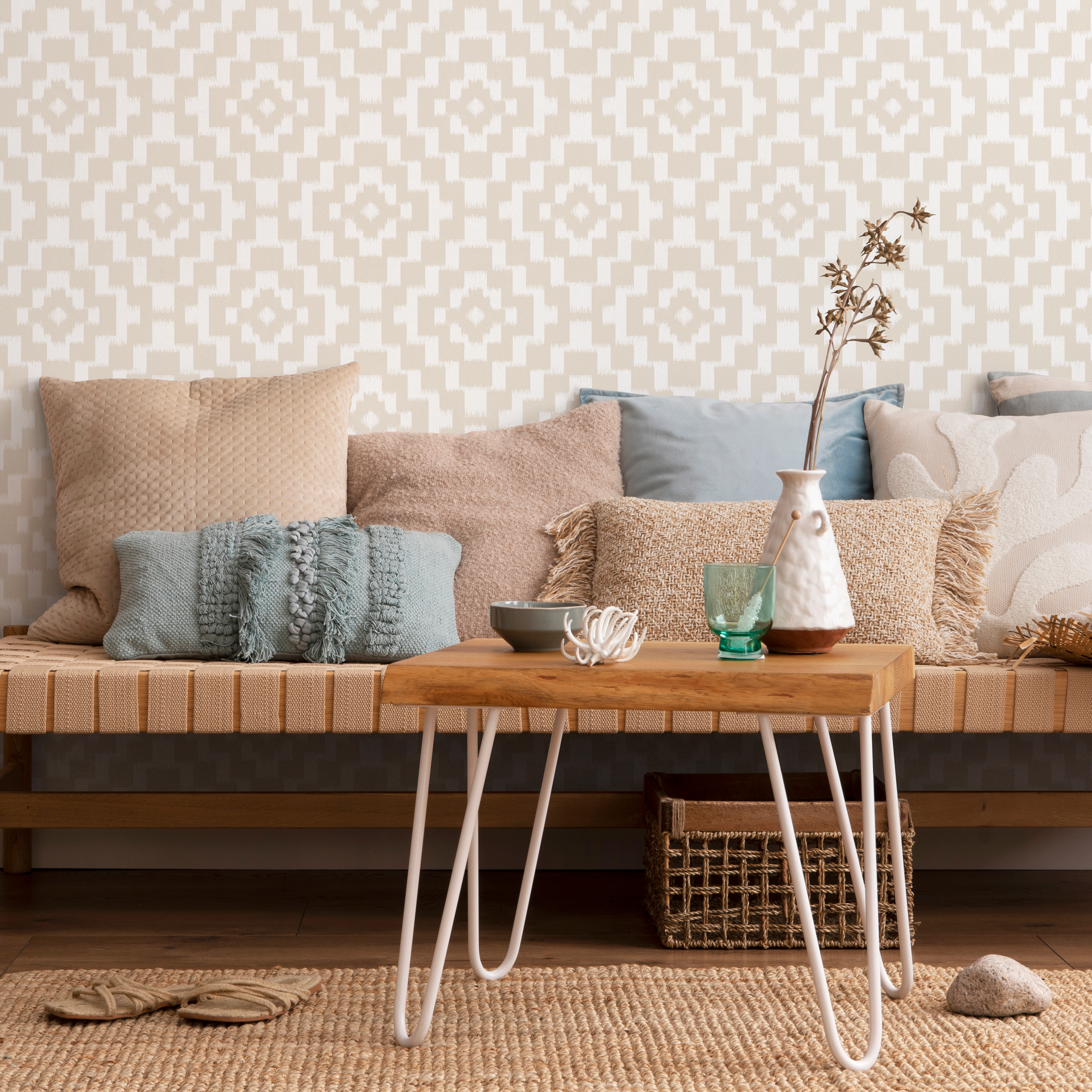 Geometric Wallpaper With A Neutral Ikat Motif In Beige And Cream - C757