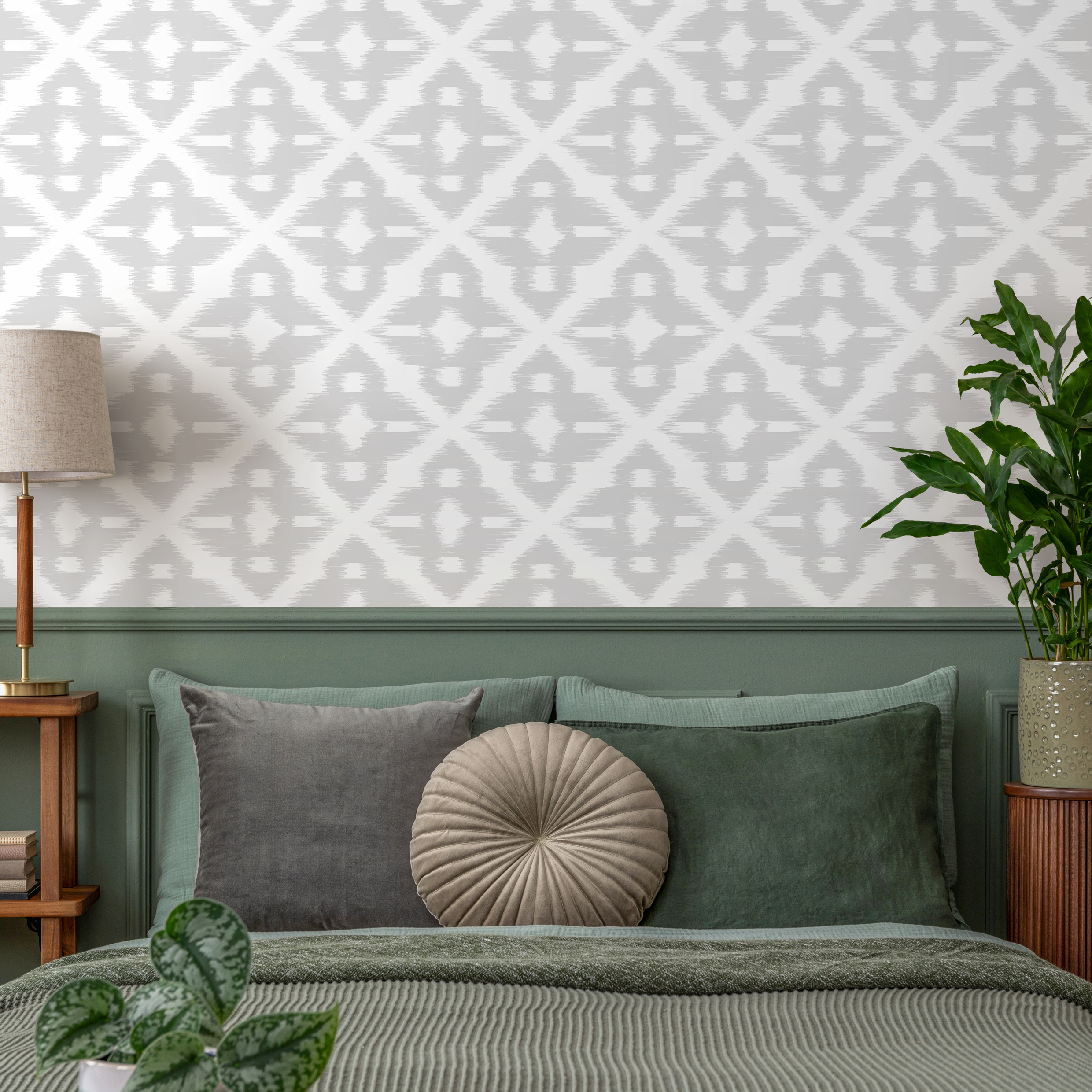 Geometric Wallpaper With An Ikat Trellis Motif In Light Gray - C758