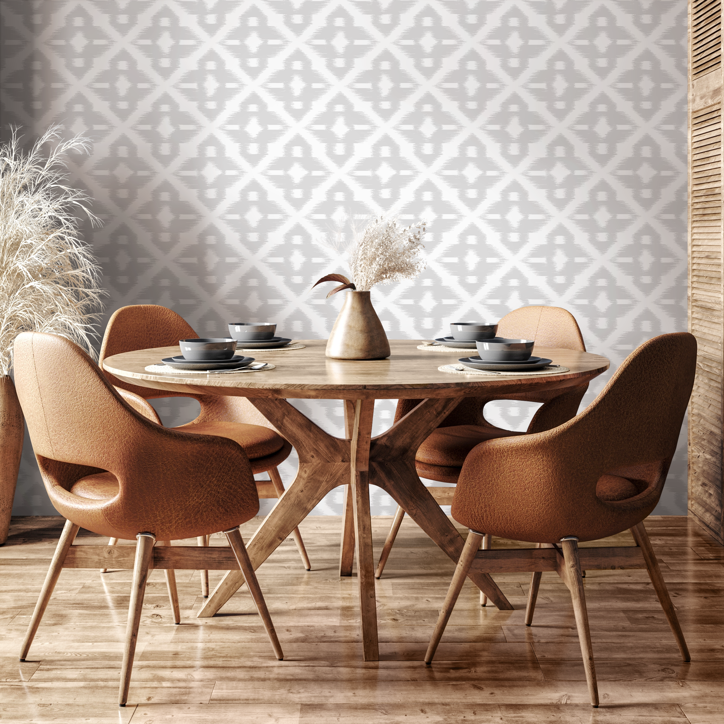 Geometric Wallpaper With An Ikat Trellis Motif In Light Gray - C758
