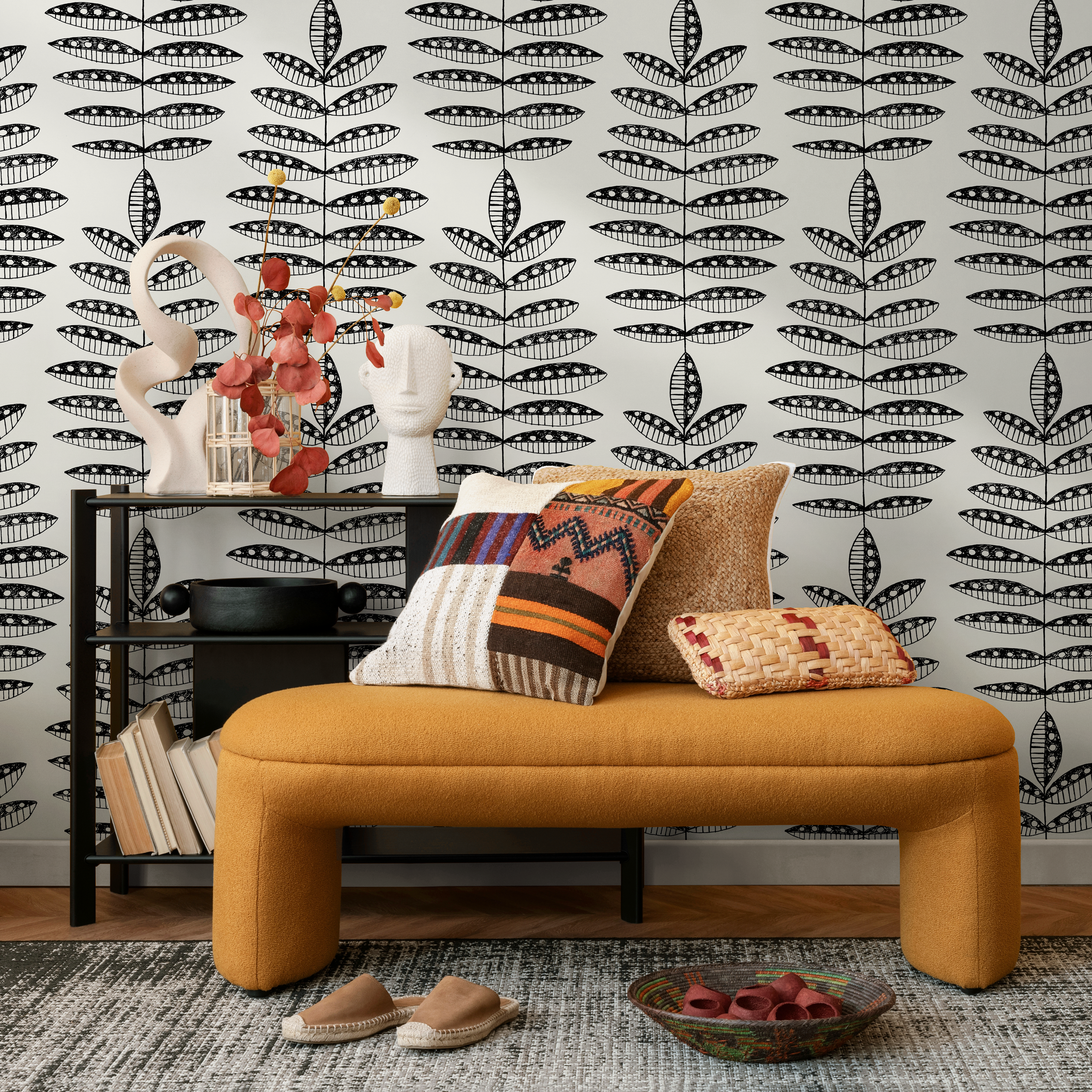 Boho Wallpaper With A Folk Art Leaf Motif In Black And White - C760