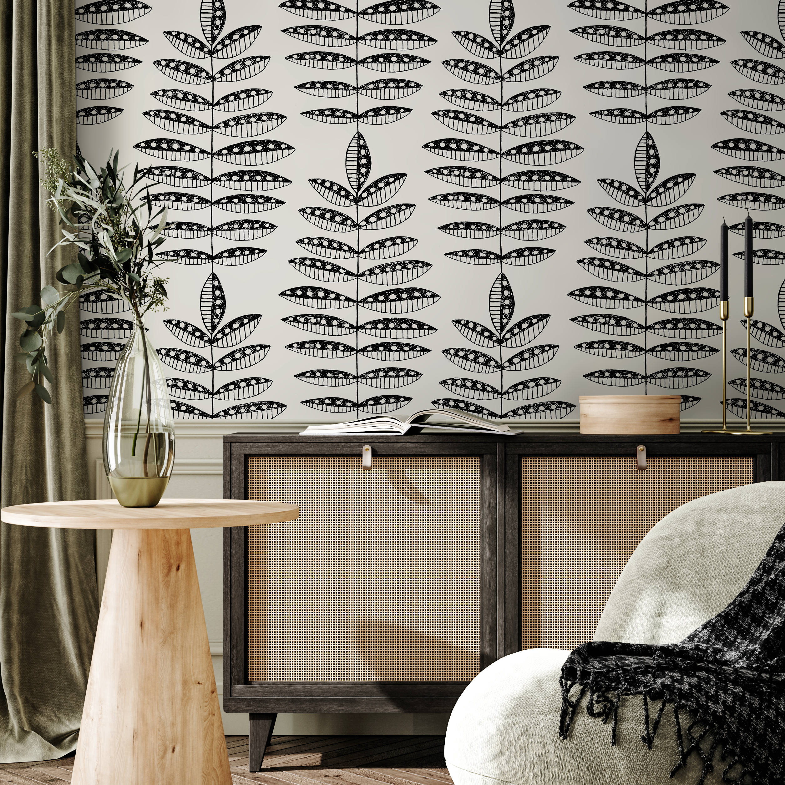 Boho Wallpaper With A Folk Art Leaf Motif In Black And White - C760