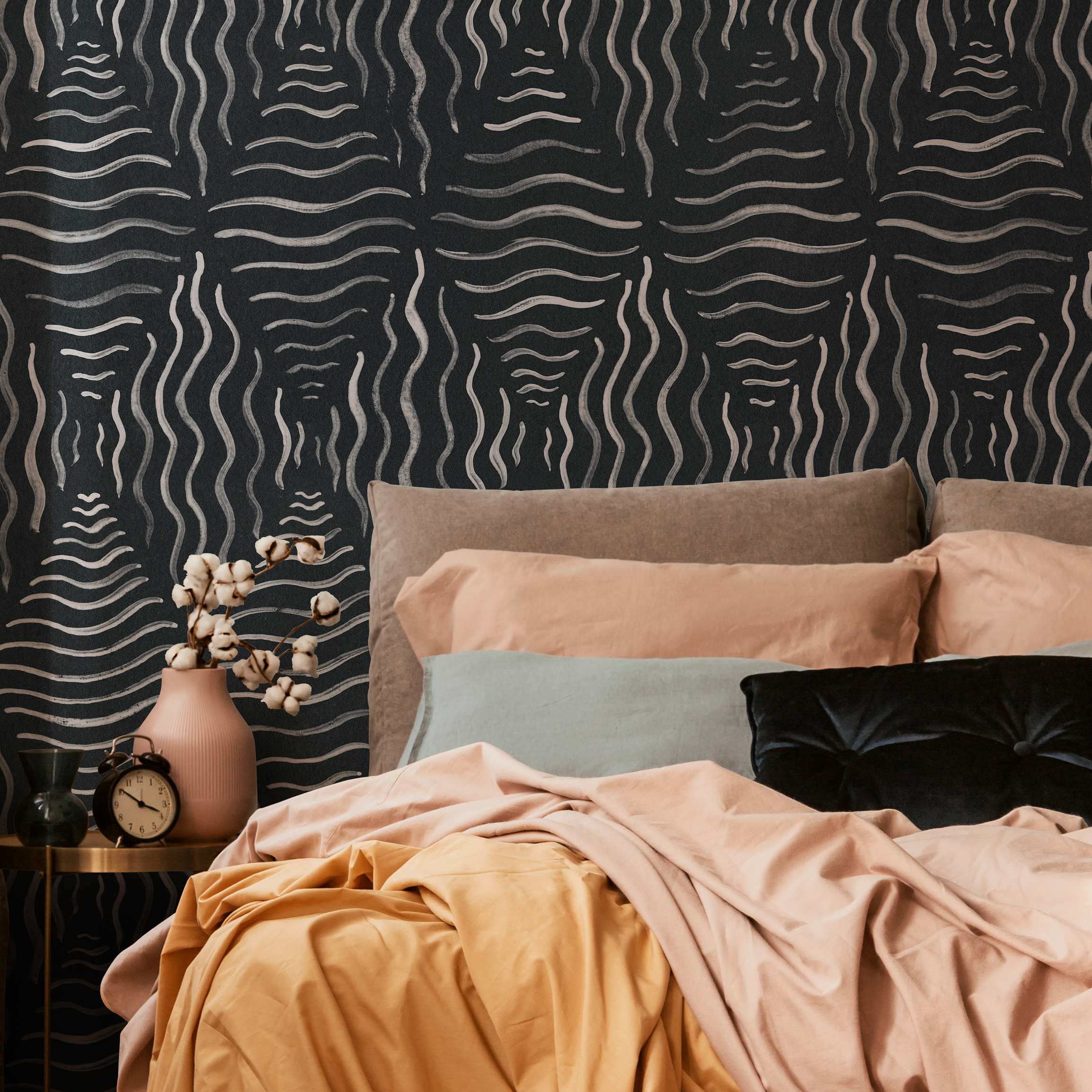 Abstract Wallpaper With Wavy Brush Strokes In Black And Gray - C761