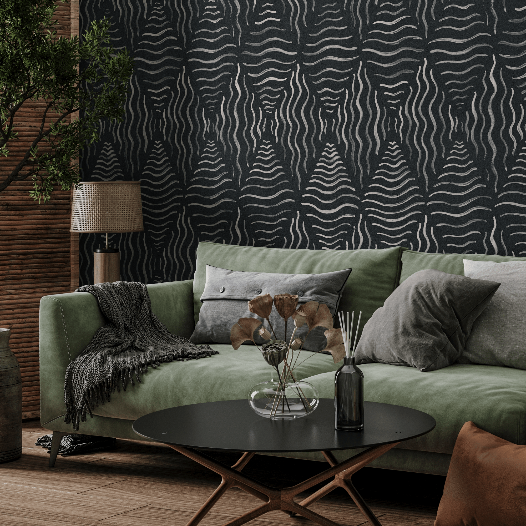 Abstract Wallpaper With Wavy Brush Strokes In Black And Gray - C761