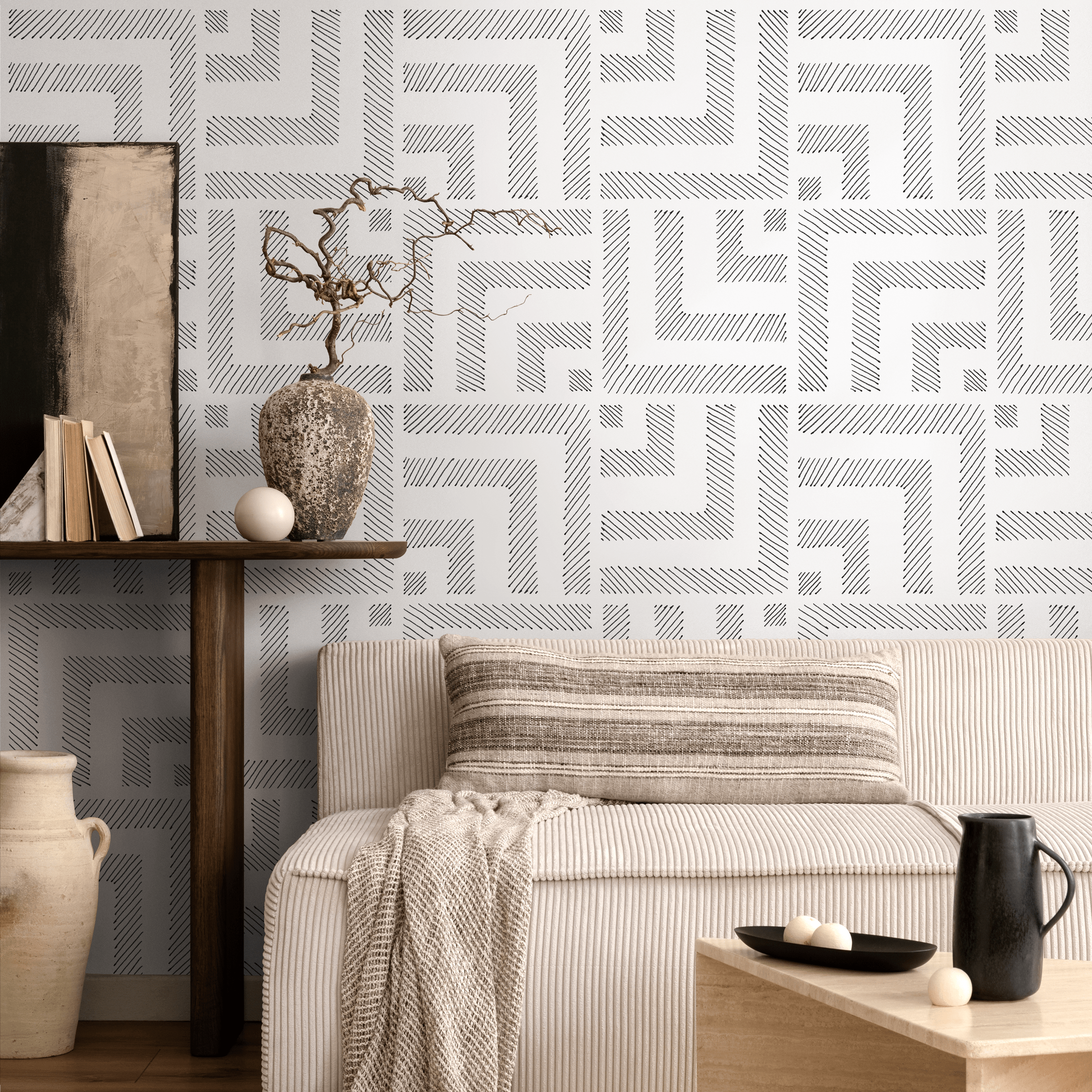 Geometric Wallpaper With A Hand-drawn Labyrinth Motif In Black And White - C762