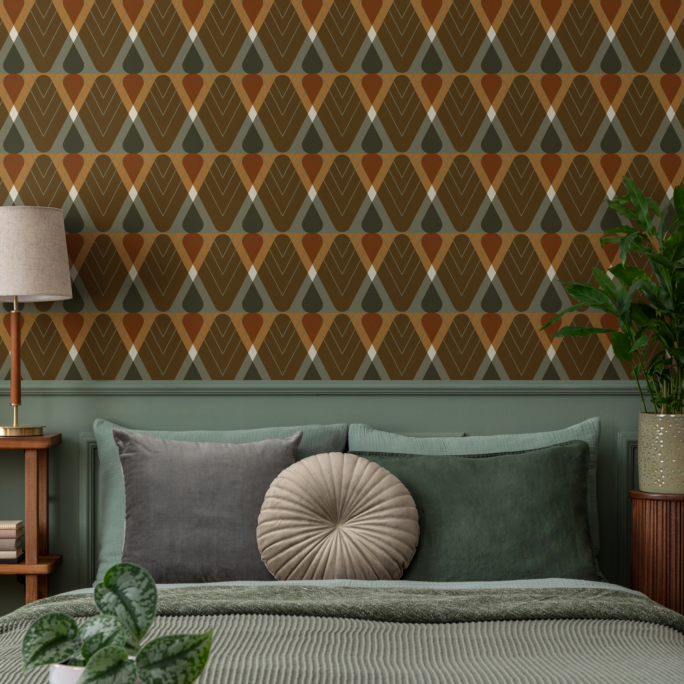 Geometric Wallpaper With A Retro Diamond Pattern In Brown, Green, And Orange - C763