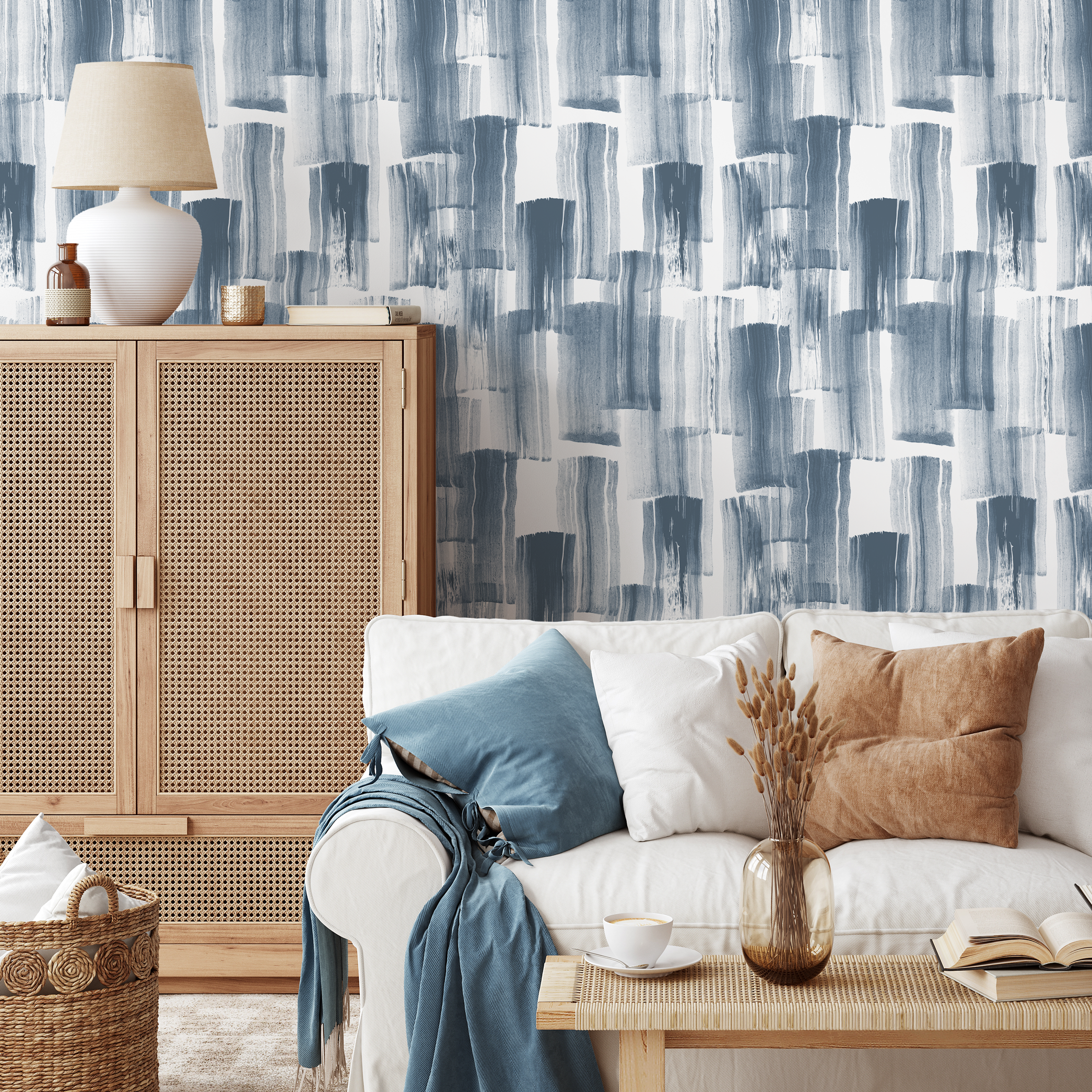Brushstroke Wallpaper With A Layered Painterly Motif In Navy Blue - C768