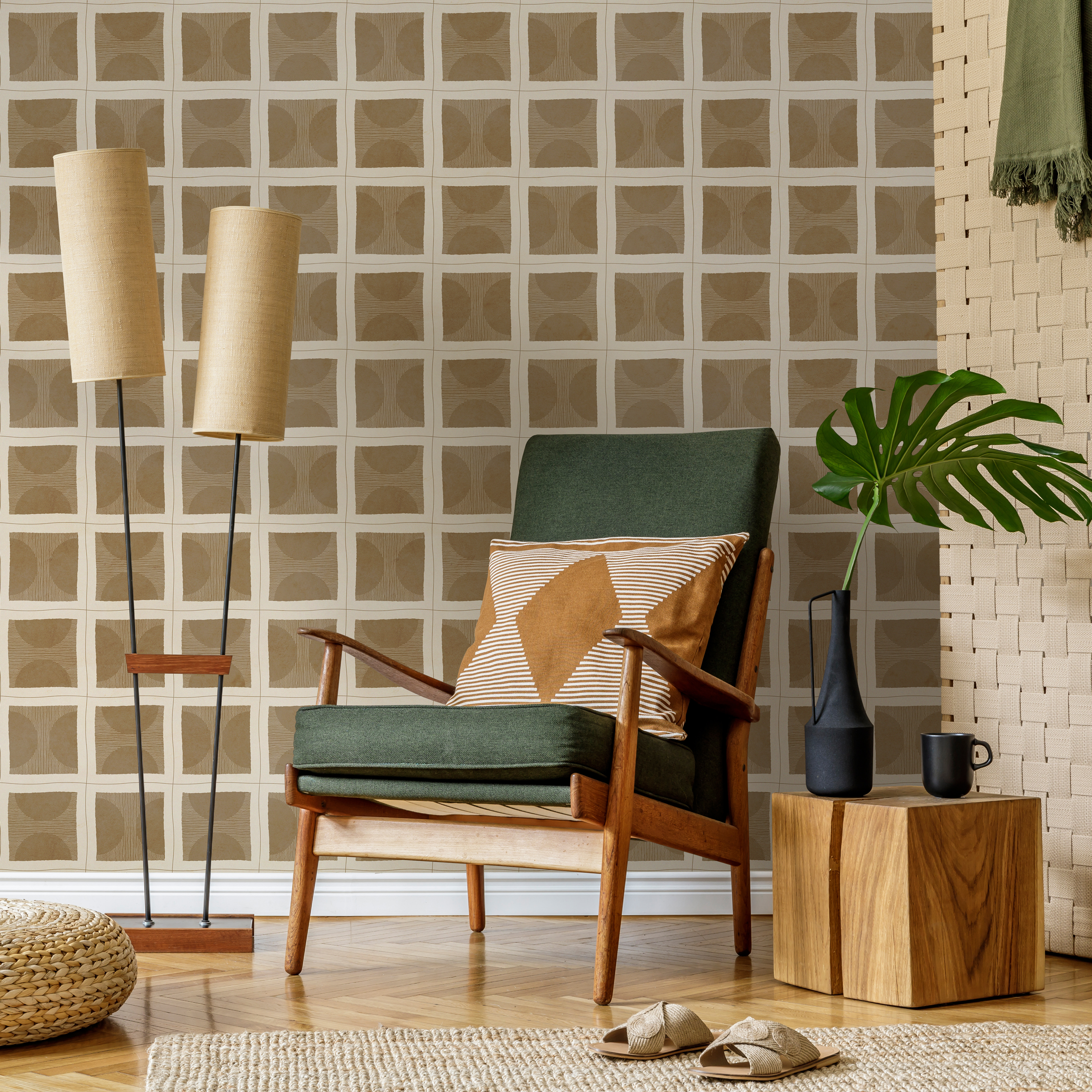 Geometric Wallpaper With Hand-drawn Square Tiles In Beige And Brown - C770