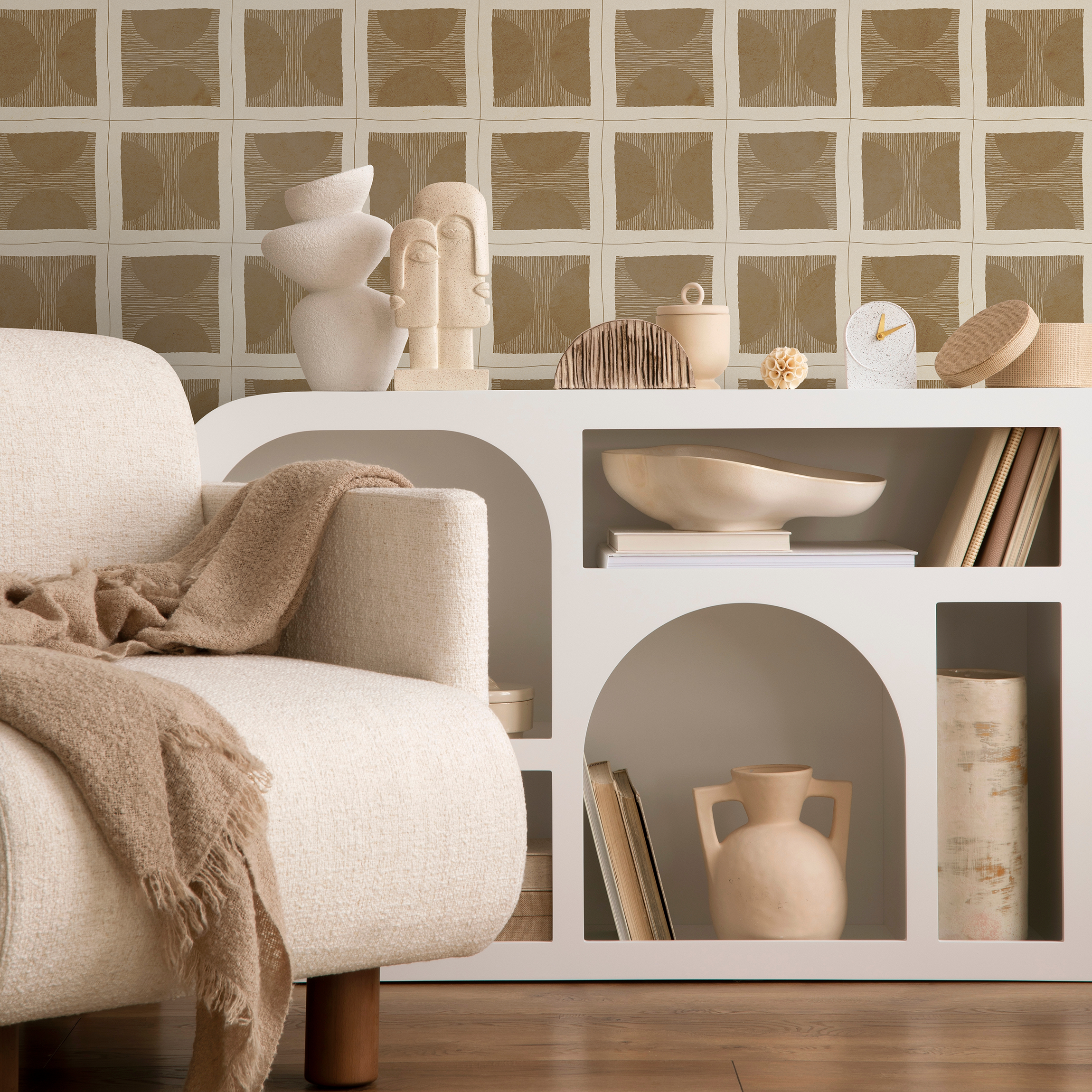 Geometric Wallpaper With Hand-drawn Square Tiles In Beige And Brown - C770