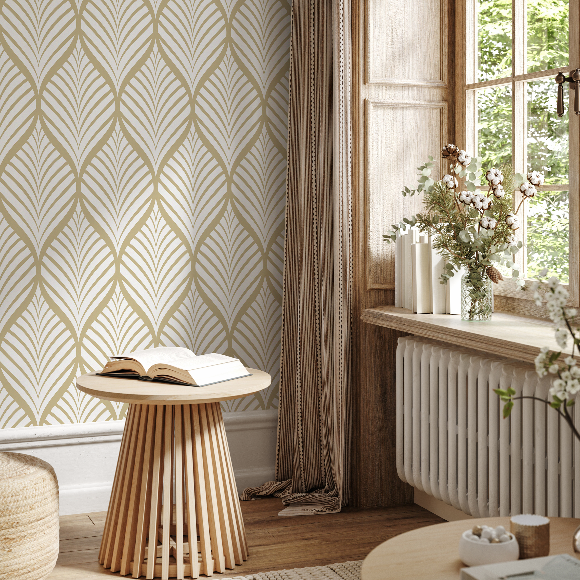 Art Deco Wallpaper With A Stylized Leaf Motif In Beige And Gold - C775
