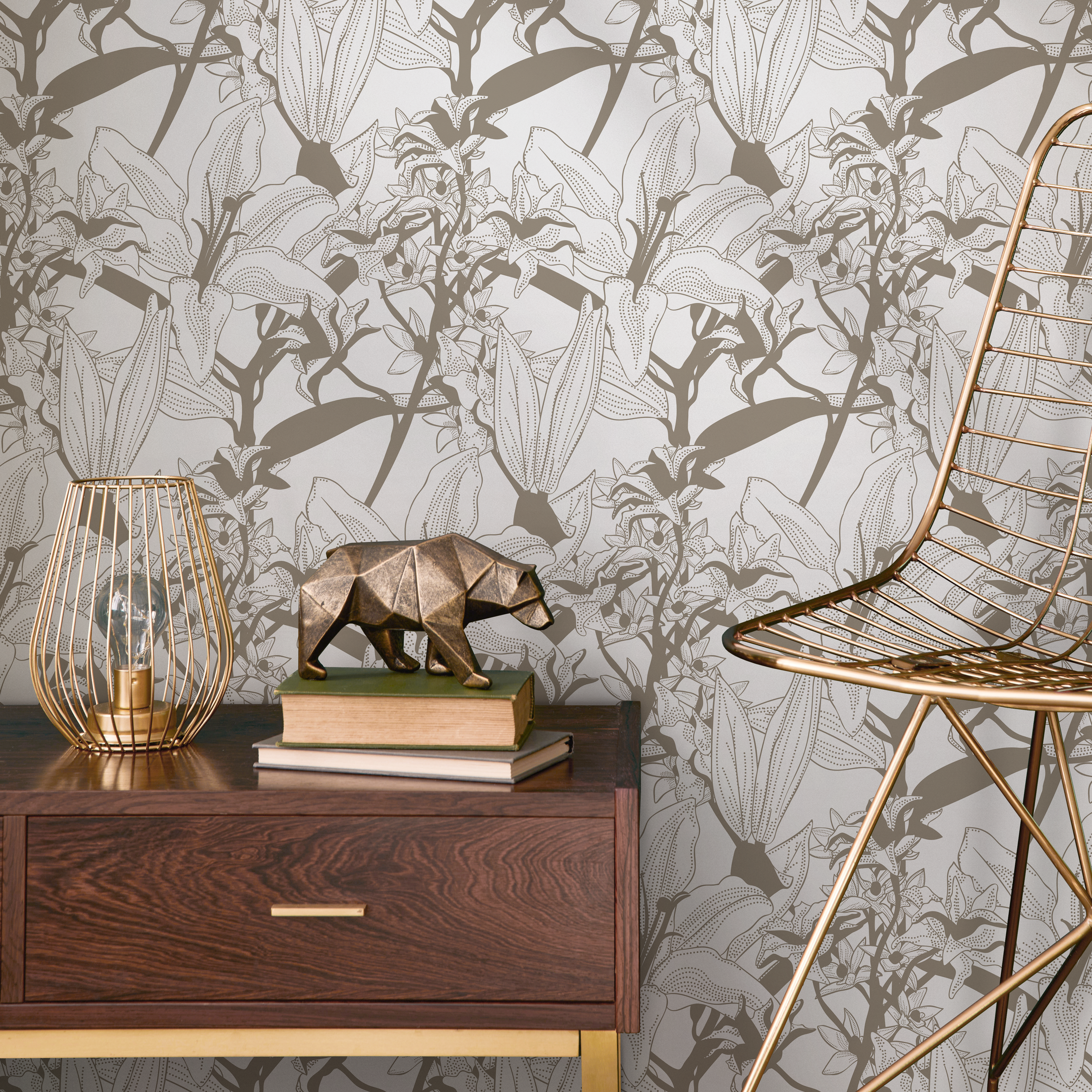 Floral Wallpaper With An Intricate Lily Sketch In Brown - C777